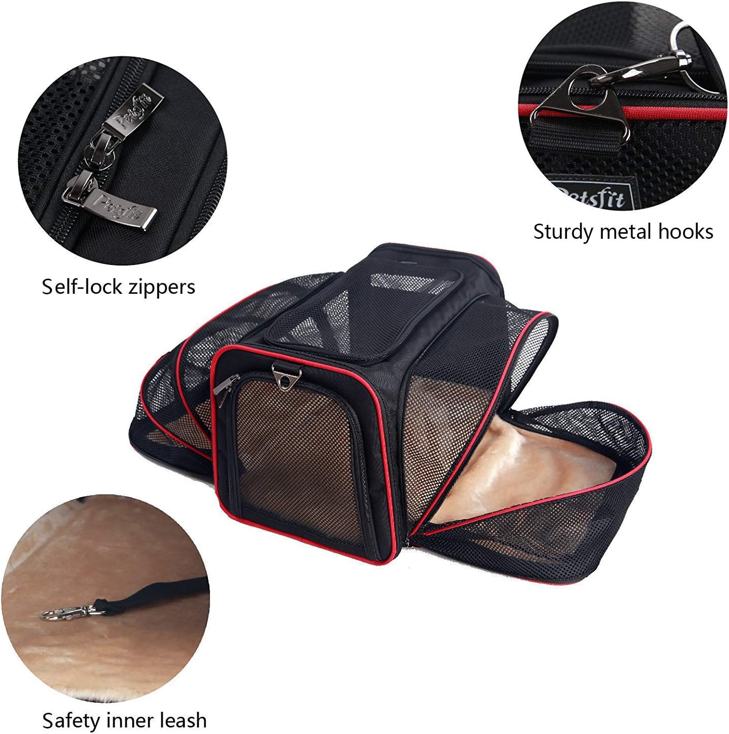 Petsfit Expandable Cat Dog Carrier Airline Approved, 17" L x 11" W x 11" H Soft-Sided Portable Pet Travel Carrier for Kitten, Puppy, Removable Soft Plush Mat and Pockets, Auto-Locking Zippers