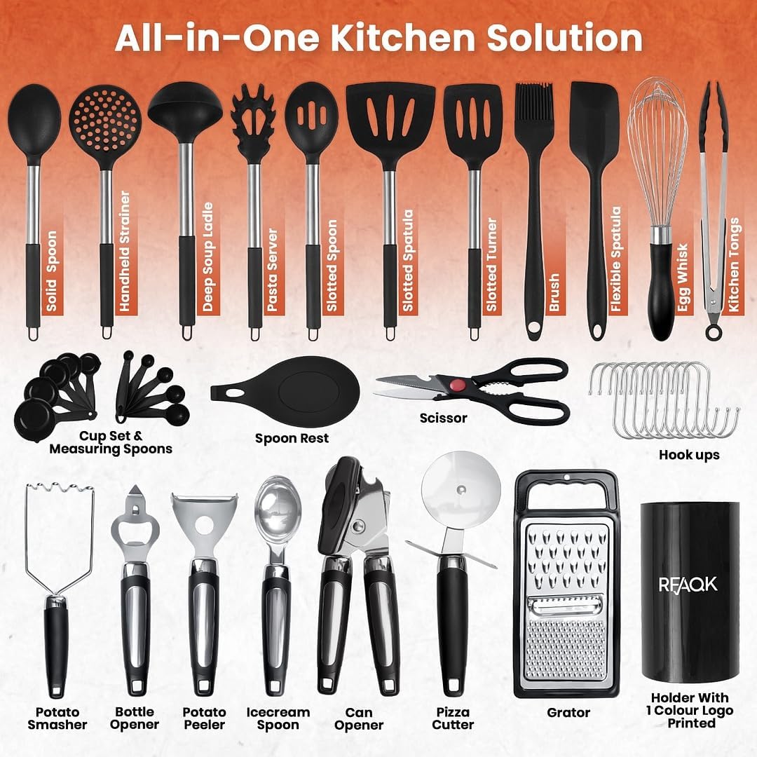 40PCs Silicone Cooking Utensils Set 446℉ Heat Resistance, RFAQK BPA Free Kitchen Utensils Set for Nonstick Cookware, Gadgets Includes Can Opener, Potato Smasher,Peeler,Tongs,Spatula Set,Pizza Cutter