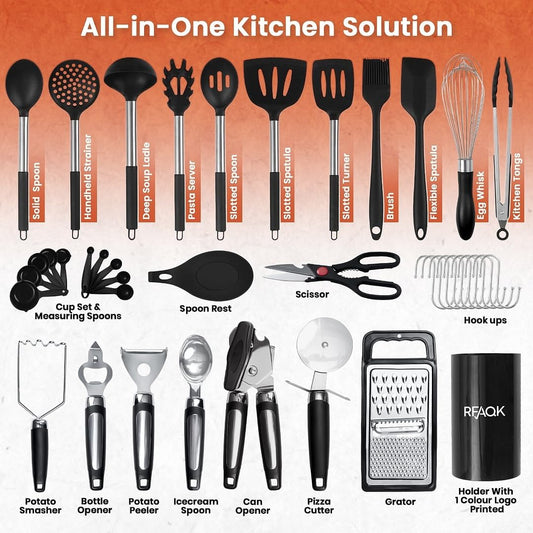 40PCs Silicone Cooking Utensils Set 446℉ Heat Resistance, RFAQK BPA Free Kitchen Utensils Set for Nonstick Cookware, Gadgets Includes Can Opener, Potato Smasher,Peeler,Tongs,Spatula Set,Pizza Cutter - PuriLite