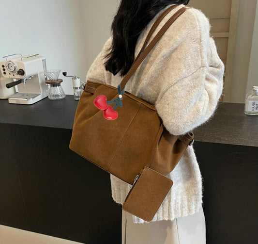 Purilite Select | Suede Shoulder Bag for Women | Pleated Vintage Hobo Tote | Medium Underarm Satchel with Charm Pendant