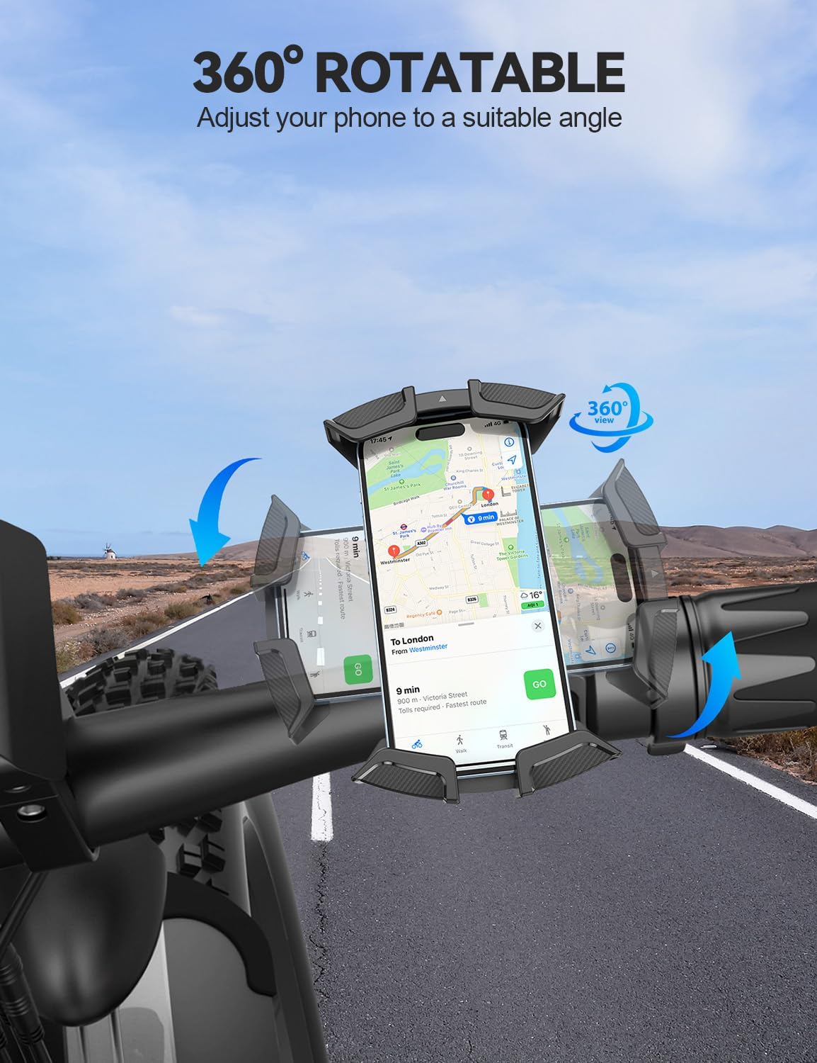 Oraolo Motorcycle Phone Mount, Bike Phone Holder, Phone Holder for Bike Scooter Handlebar, Security Lock, One-Hand Operation, 360° Rotatable Phone Mount Compatible with 4.7-6.8" Phones, 1 Pack