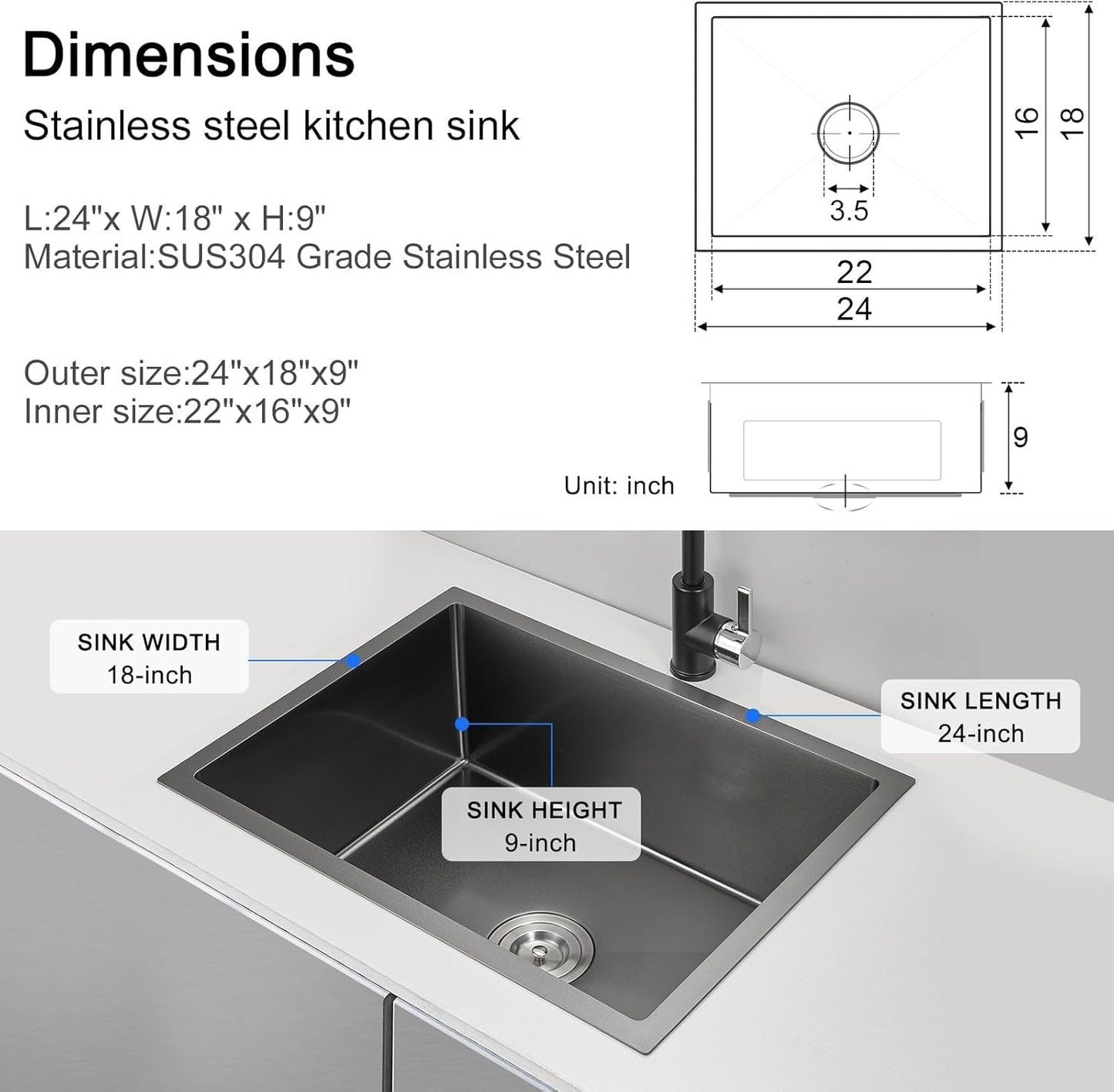 MENATT 20-inch Undermount Kitchen Sink, SUS304 Stainless Steel Handmade Single Bowl Kitchen Sink with Sink Strainer (Brushed), 20"x16"x9"