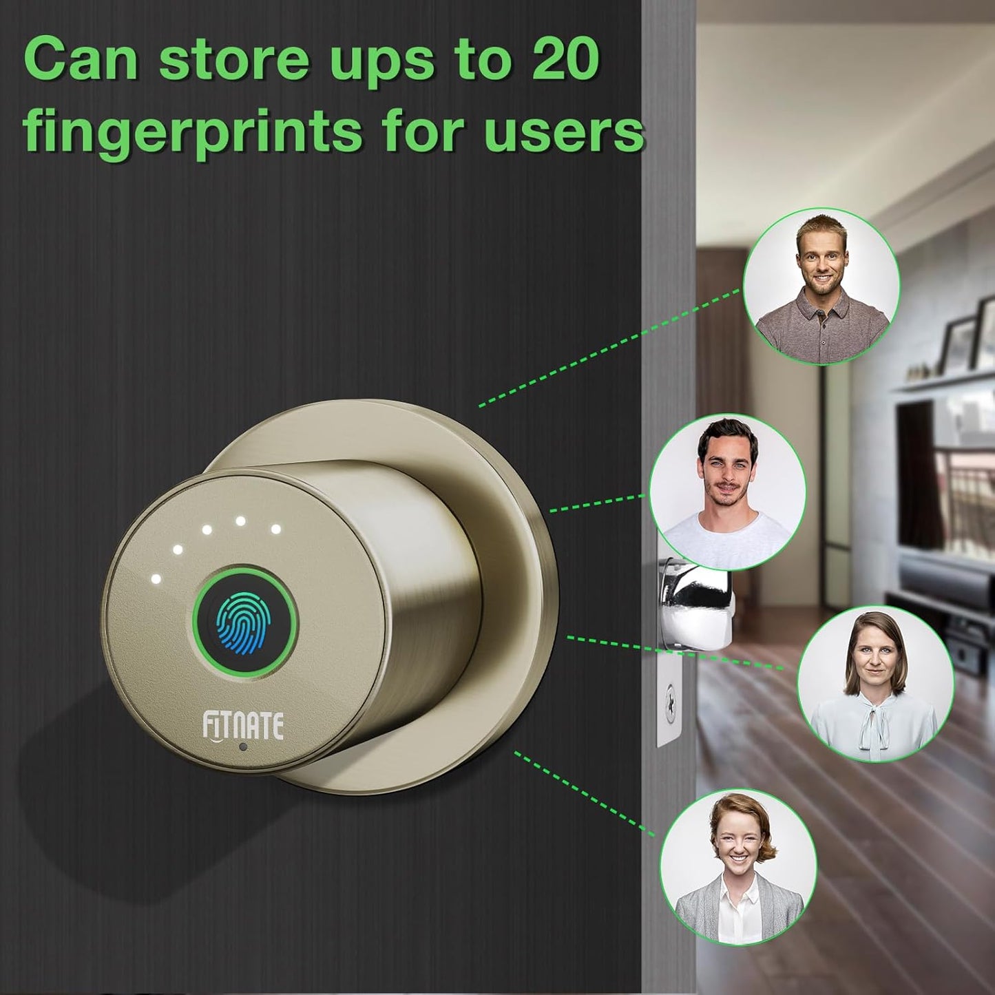 FITNATE Fingerprint Door Knob, Smart Biometric Door Lock with App Control, Keyless Entry Door Knob with Bluetooth Digital Code, Touch to Open Knob for Bedroom,Home,Hotel,Office, Black