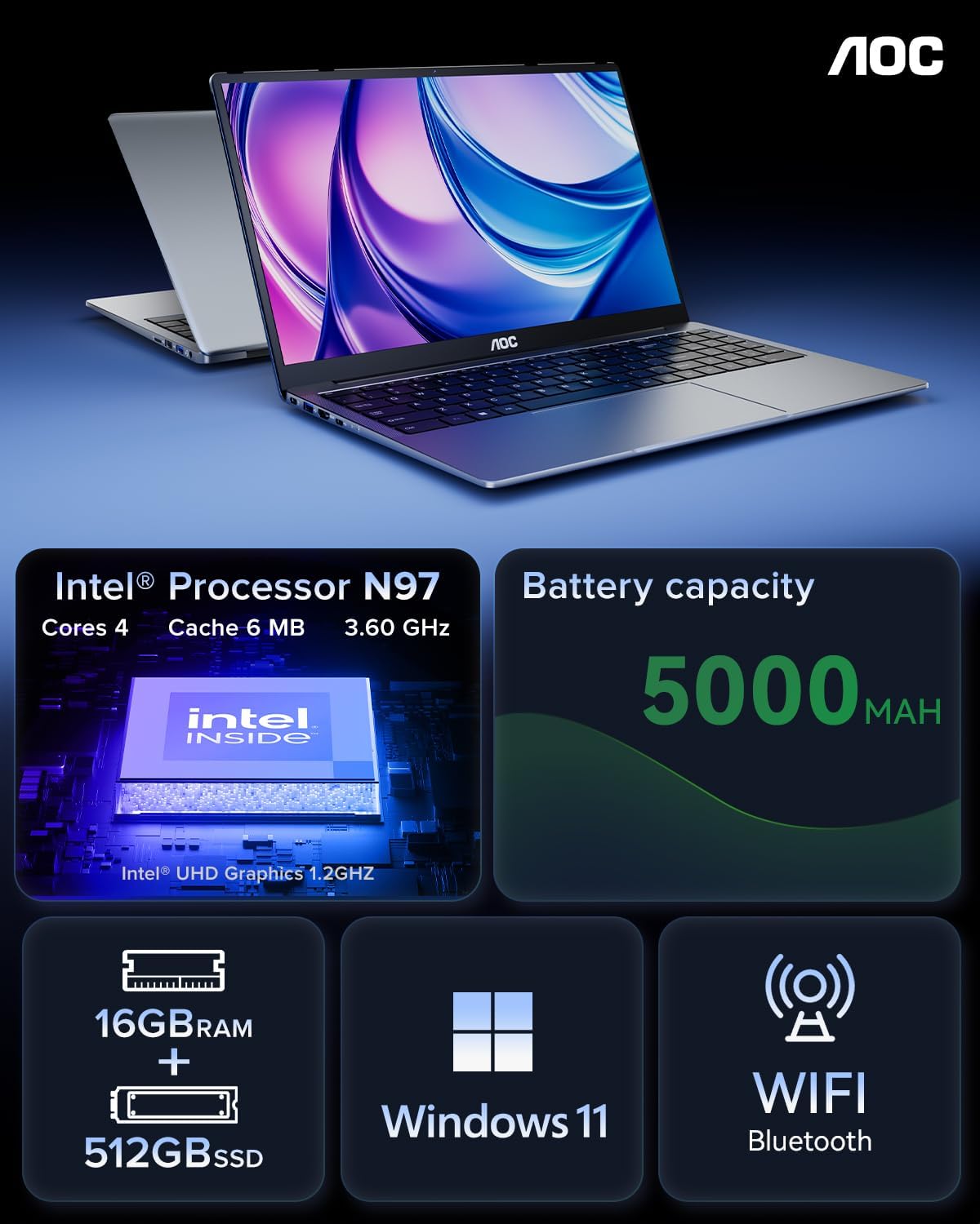 2025 AOC AX15 Laptop, 15.6-inch FHD (1920 x 1080) Display, Intel N97(4C/4T) Processor, 16GB DDR4 RAM, 512GB SSD, Windows 11 Pro, WiFi5, BT5.0, 38Wh Battery