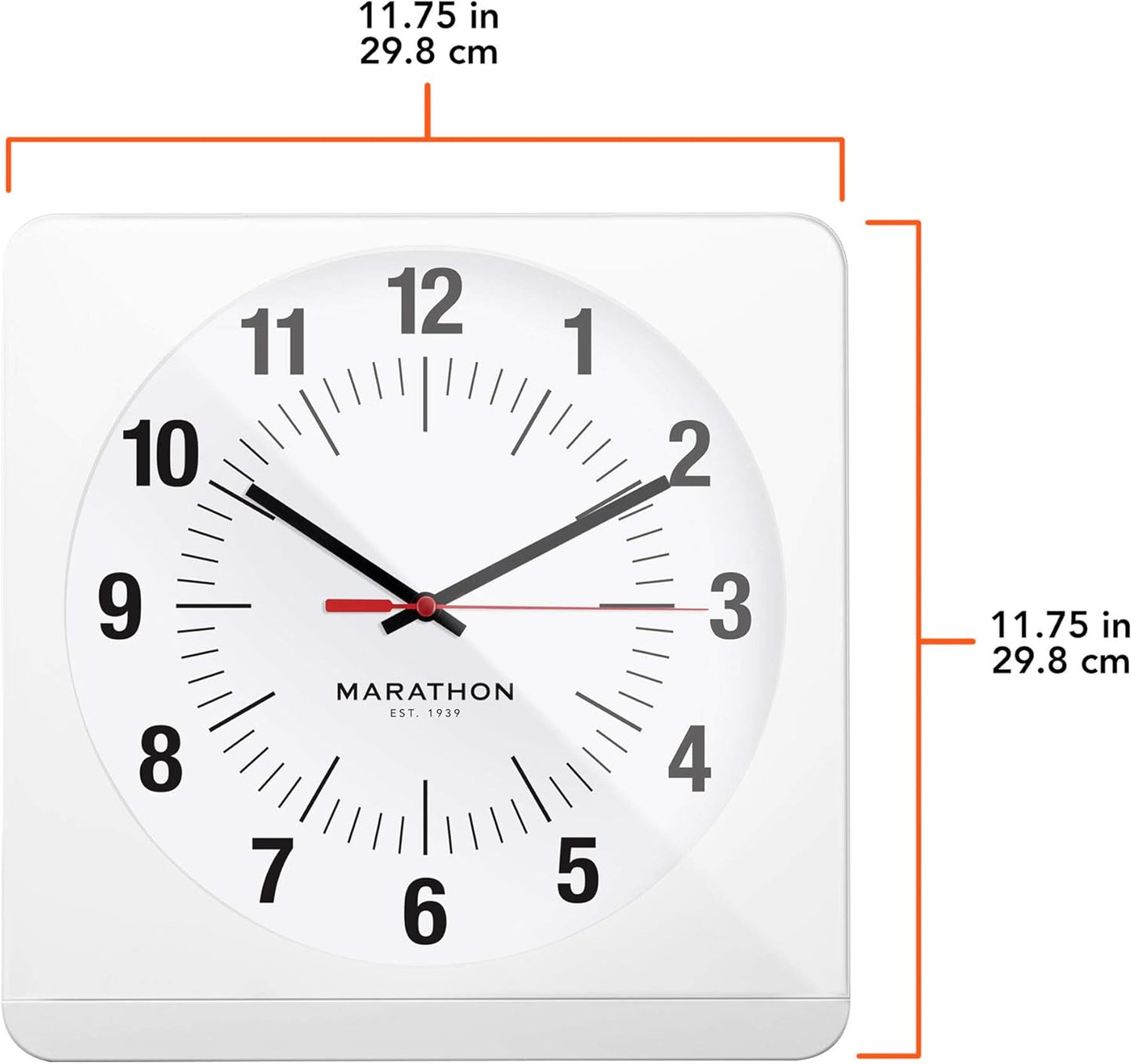 Marathon Studio Edition Jumbo 12 Inch Analog Wall Clock with Auto Back Light. Easy to Read Classic Dial with 12 and 24-Hour Scale - Batteries Included - CL030057-WH-WS-NA (White Case/White Dial)