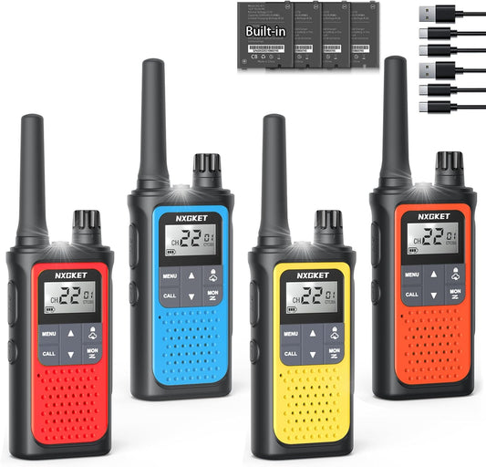 NXGKET Walkie Talkies Long Range for Adults Kids – Rechargeable Two Way Radio with 22 Ch, 1800mAh Battery, USB-C Charging, NOAA Weather, VOX, Flashlight – Great for Outdoor Camping & Hiking 4 Pack
