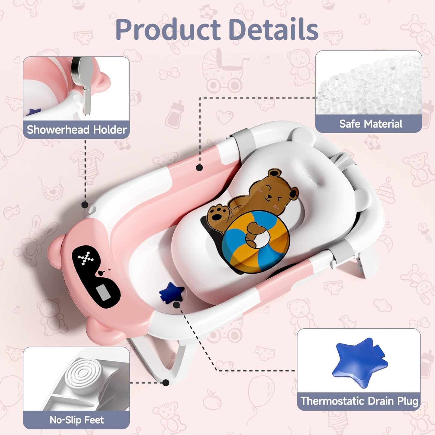 Kerbwry Baby Bathtub for Newborn to Toddler, Baby Bath Tub with Soft Towel and Floating Cushion, Baignoire Pour Bébé, Shower Essentials for Newborn (0-18 Months) Grey