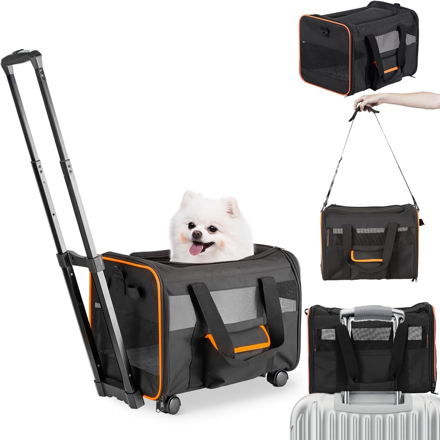 UNICITII Pets Carrier for Small Cat, Dog Medium Cats Puppies up to 20 Lbs, Airline Approved Carrier Soft Sided, Collapsible Travel Puppy Carrier (Grey-with Wheels)