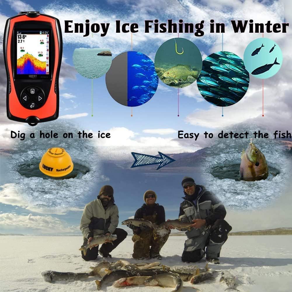 LUCKYLAKER Portable Fish Finder Transducer Sonar Sensor 147 Feet Water Depth Finder LCD Screen Echo Sounder Fishfinder with Fish Attractive Lamp for Ice Fishing Sea Fishing