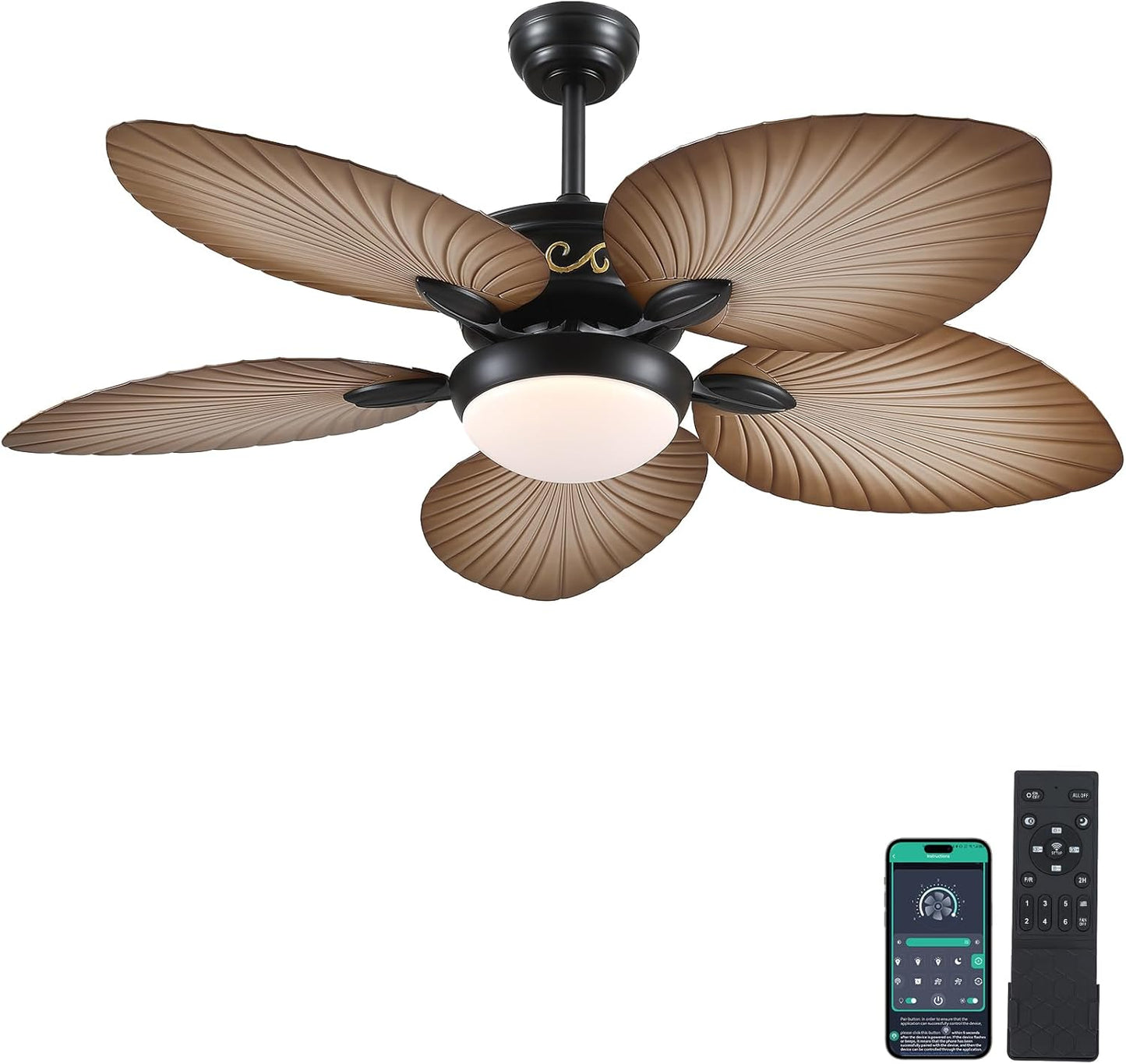 Wiviniya Ceiling Fans with Lights and Remote/APP Control, 44 Inch Tropical Palm Leaf Ceiling Fan with LED Lights, Outdoor Ceiling Fans for Patios Porch, Reversible Quiet Motor, Dimmable, Light Brown