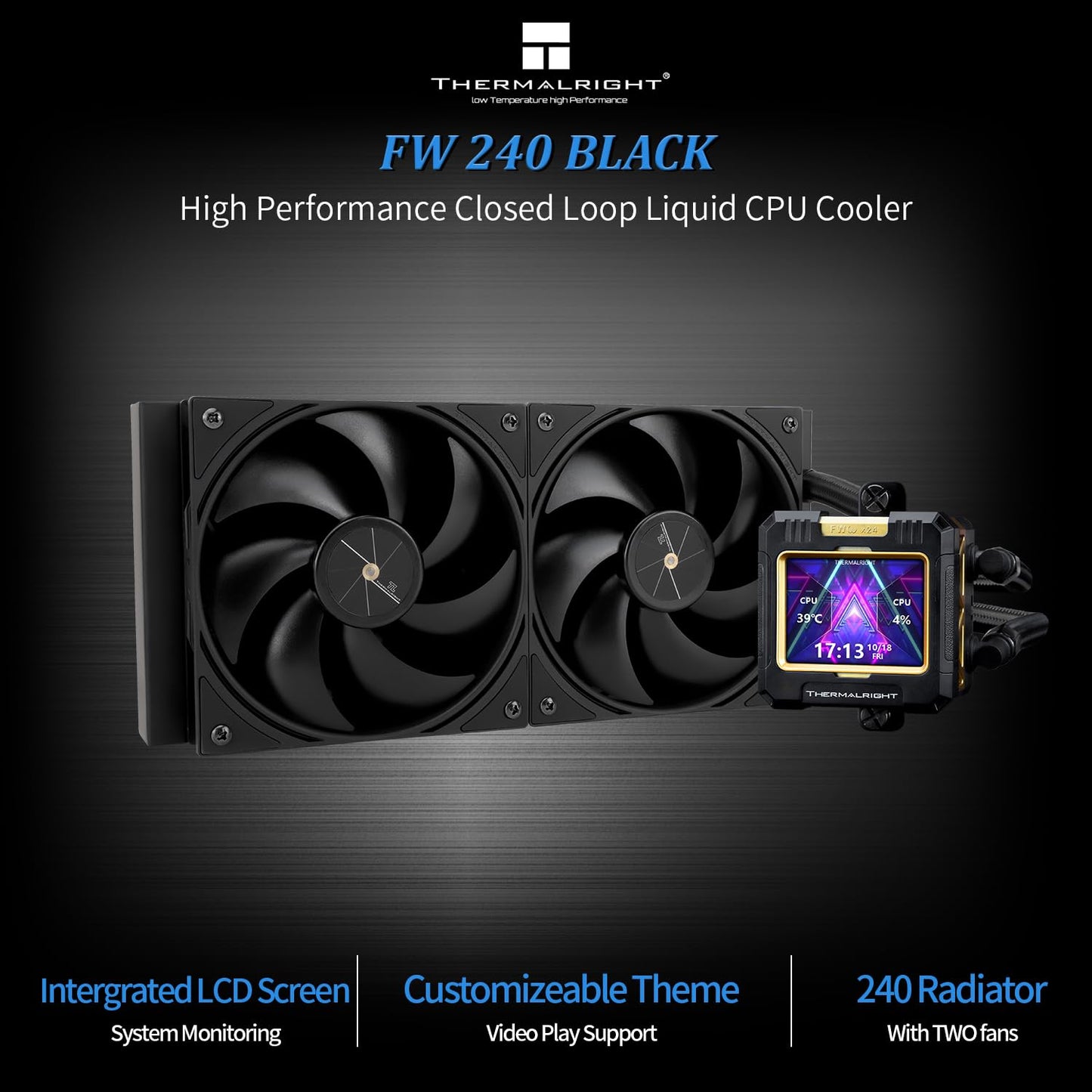 Thermalright FW 360 Black ARGB-360mm AIO CPU Liquid Cooler,IPS LCD Screen with 320 * 240 Resolution,for AM5/Intel LGA1700,‘2.4 inch’Magnet-Absorbent LCD Screen for Images -Black
