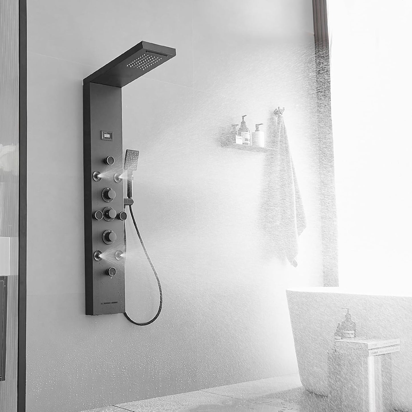 Bathfinesse Shower Tower Bathroom Shower Panel System Rain Massage System 6 in 1 Body Spray Jets Shower Wall Panels Rainfall Waterfall Shower Head Tub Spout with Temperature Display,Matte Black