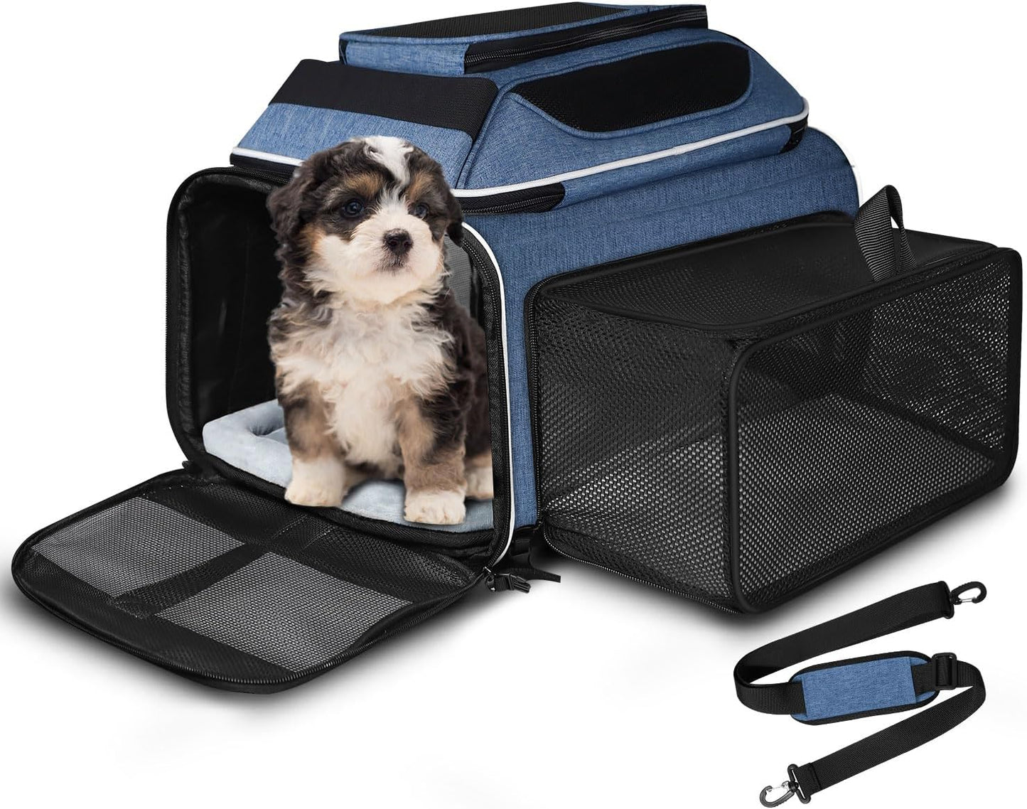 Petskd Top and Side Expandable Pet Carrier 17x12x8.5 Inches JetBlue Frontier Spirit Airline Approved, Soft-Sided Carrier for Small Cats and Dogs with Locking Safety Zipper and Anti-Scratch Mesh(Black)