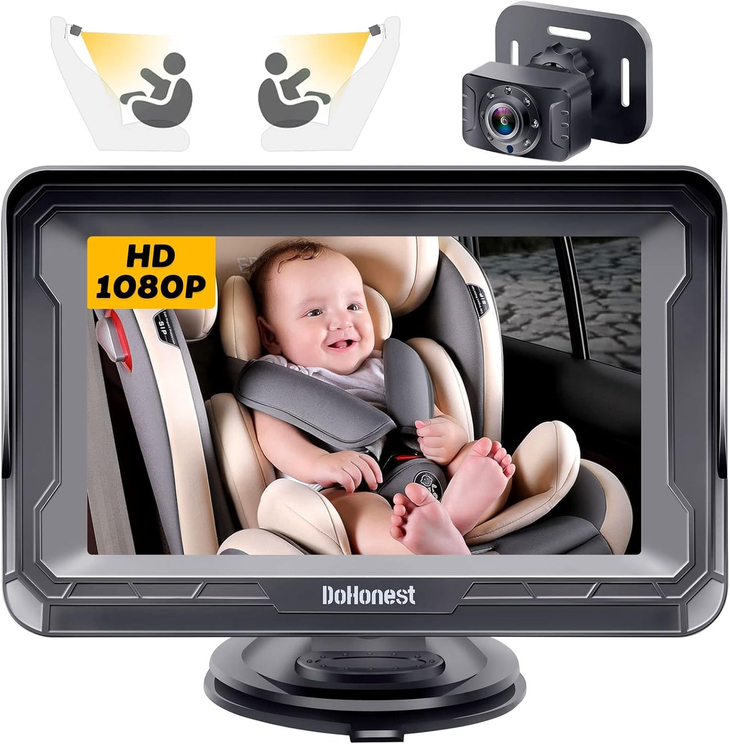 DoHonest Baby Car Camera for Backseat: HD 1080P Easy Setup Carseat Camera Rear Facing Infant - Clear Night Vision 360° Rotating Baby Car Monitor