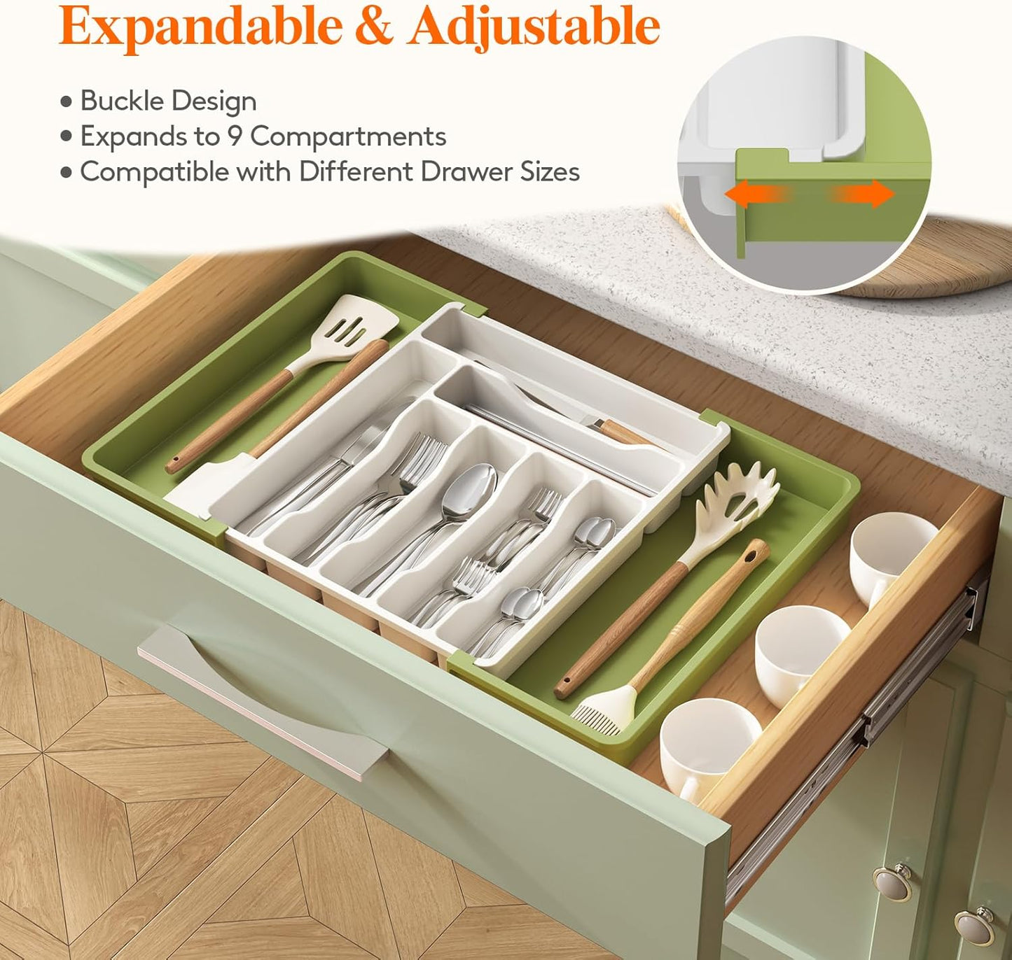 Lifewit Cutlery Organizer, Expandable Utensil Organizer for Kitchen, Utensil Holder, Adjustable Cutlery Rack Organizer for Spoons, Knives, Kitchen Organizers and Storage, Black