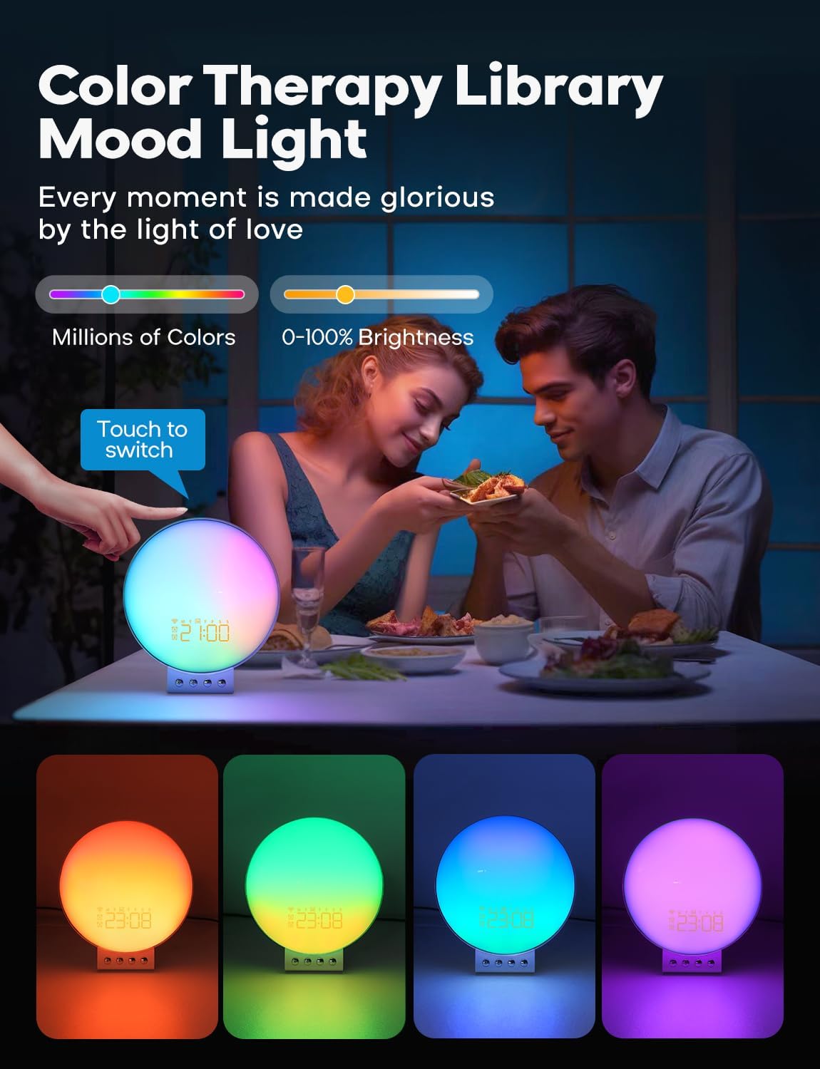 Sunrise Alarm Clock for Heavy Sleepers, Wake Up Light with Sunrise/Sunset Simulation, Dual Alarms & Natural Sounds, Snooze & Sleep Aid, FM Radio, 7 Colors Night Light for Bedroom, Ideal for Gift