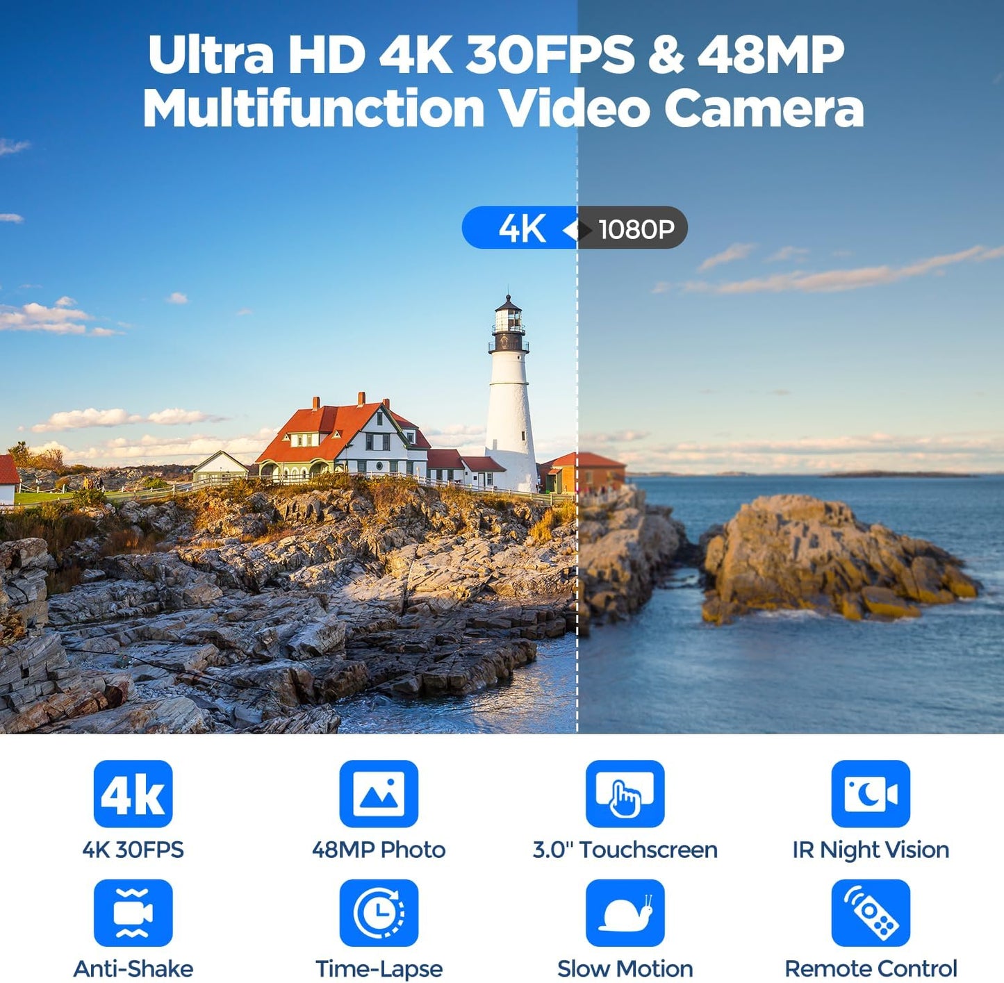 Video Camera Camcorder 4K 48MP, IR Night Vision 3” 270°Rotation Touchscreen Video Recorder for Vlog YouTube 16X Digital Zoom Compact Travel Cam Corder with Battery,32GB Card, Remote Control