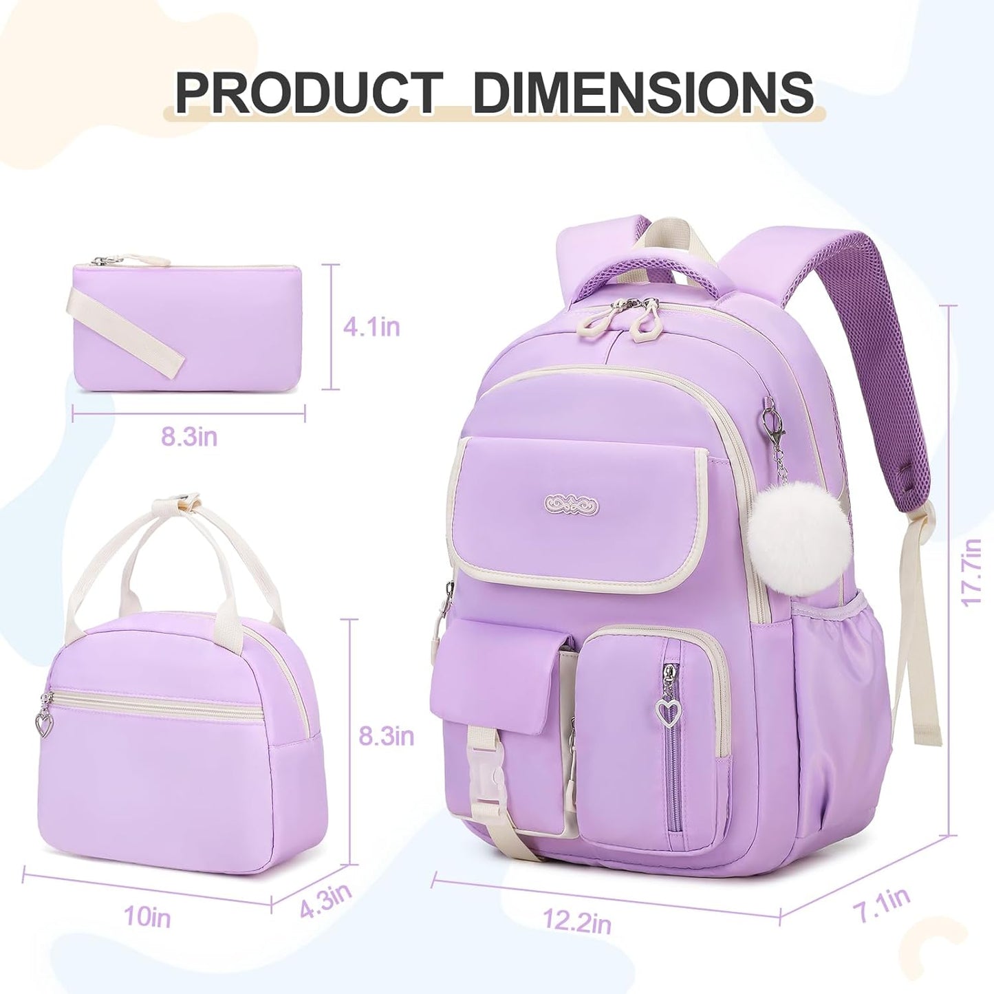 3PCS School Backpack for Girls with Lunch Box Pencil Pouch for Teen Girls Children Elementary Primary Middle High College Daypack School bag Bookbag Set Pink