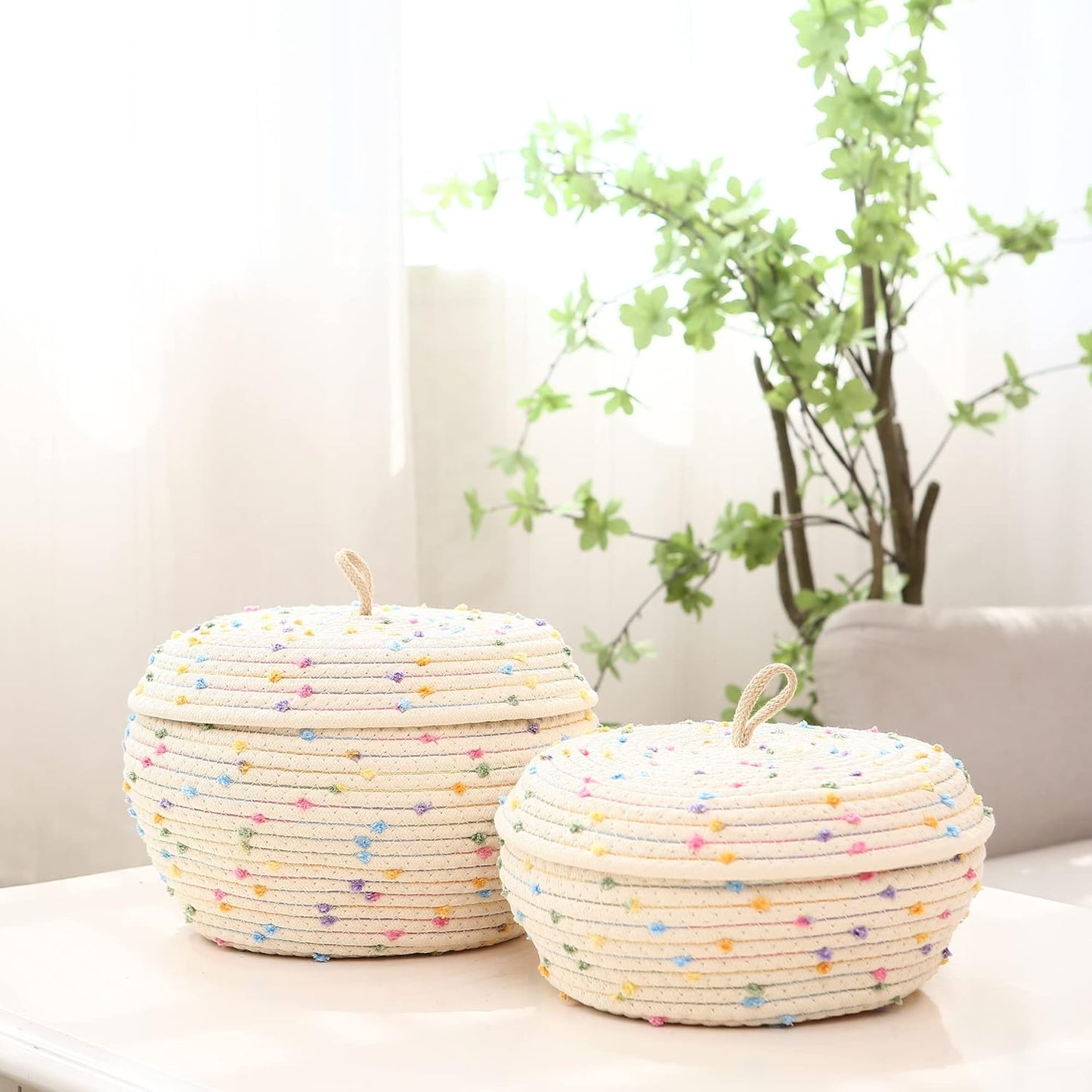 Sea Team Round Cotton Rope Storage Basket with Lid, Decorative Woven Storage Bin, Pot, Caddy, Organizer, Container for Snacks, Towels, Plants (Grey, Small)