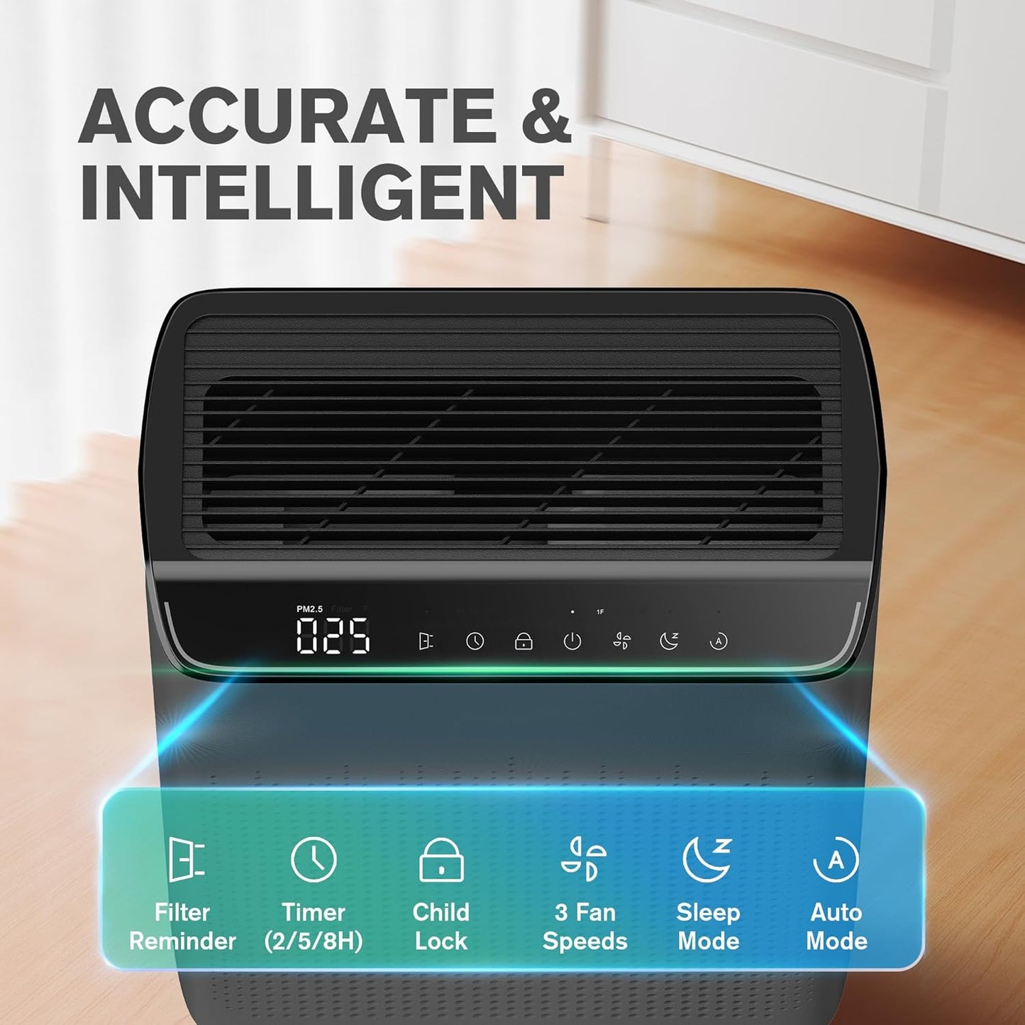 Smart HEPA Air Purifier for Large Rooms (Up to 1690 sq ft) with PM2.5 Air Quality Monitor, Wi-Fi & Voice Control, Dual Air Intake, Ultra Quiet 23dB Operation, Grey - PuriLite