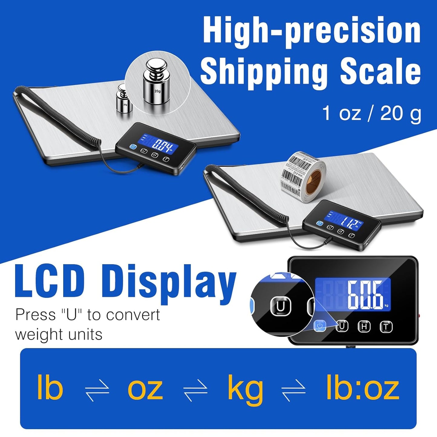 RAOYAN Shipping Scale, 660 lb / 1 oz High Accuracy Digital Postal Scale with LCD Display, Hold/Tare Function, Shipping Scale for Package, Luggage, Warehouse (Including 2 Batteries, Charging Cable)