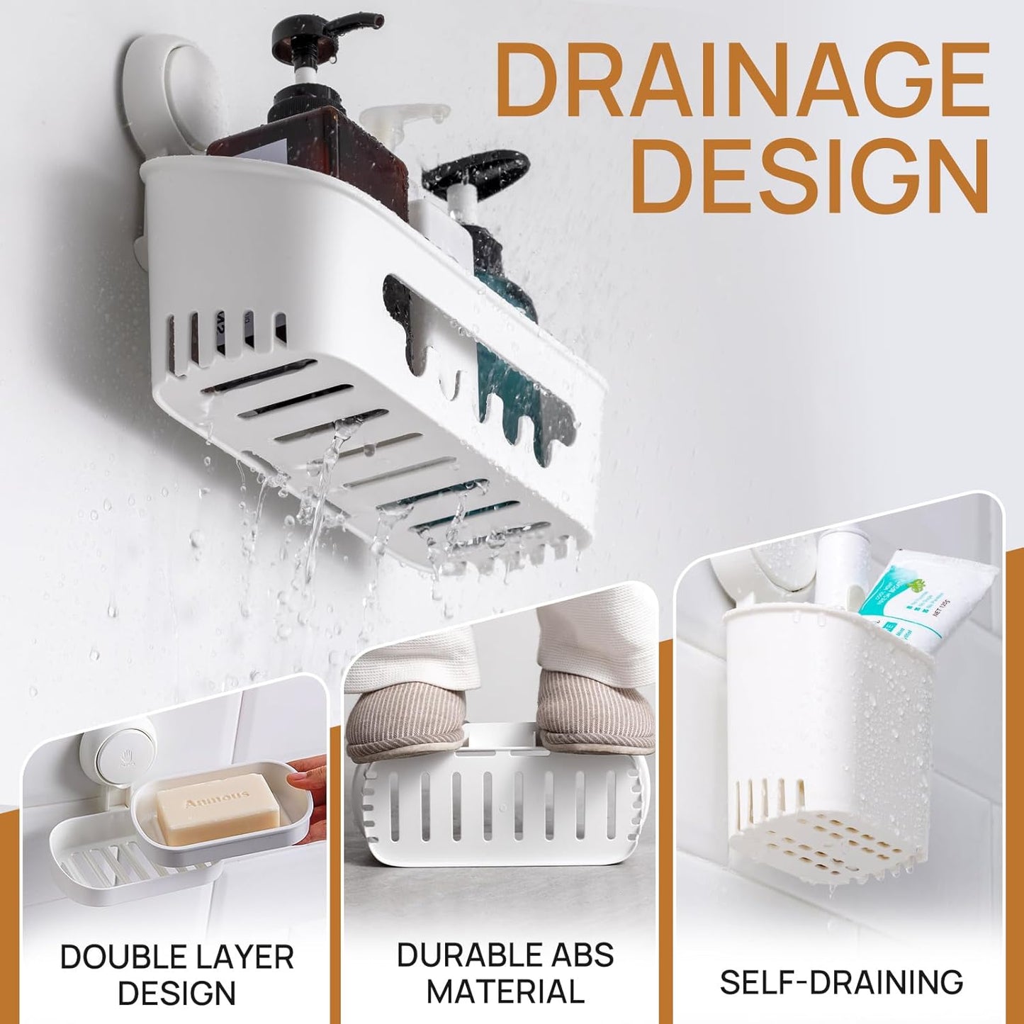 LEVERLOC Shower Caddy Suction Cup, 2 Pack Black Shower Shelf with Hooks and Soap Holder, NO-Drilling Bathroom Organizer, Rustproof Metal Bathroom Storage and Organization