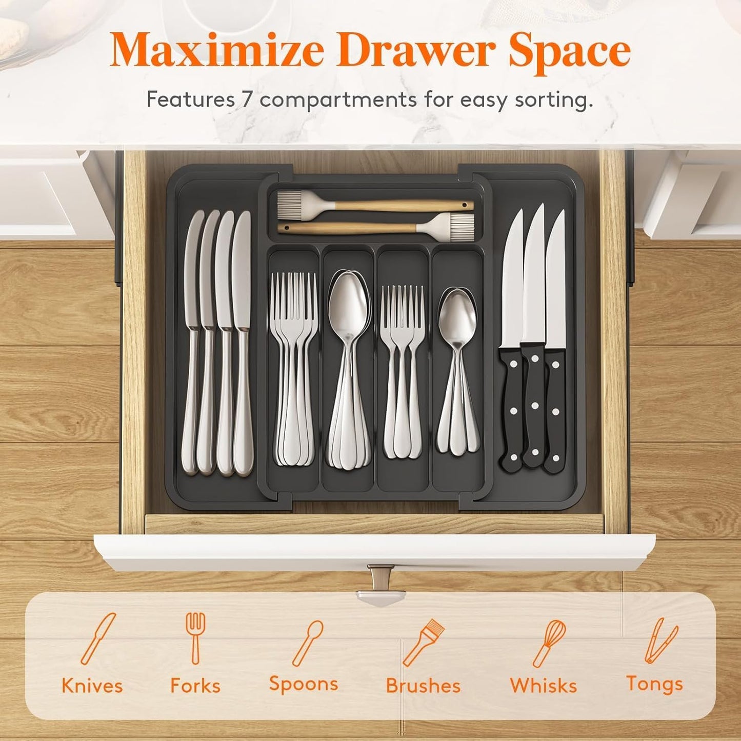 Lifewit Cutlery Organizer, Expandable Utensil Organizer for Kitchen, Utensil Holder, Adjustable Cutlery Rack Organizer for Spoons, Knives, Kitchen Organizers and Storage, Black