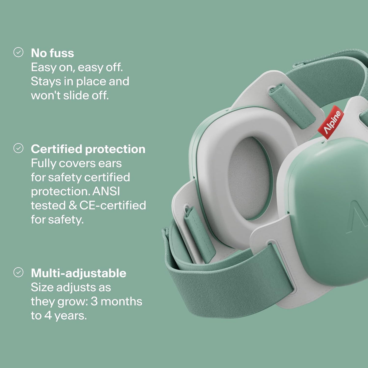 Alpine Muffy Baby Comfort - Baby Ear Protection Noise Cancelling - CE & ANSI Certified - Unique Headband for Safe fit & Comfort - Multi-adjustable for Ages 3-48 Months - 24dB Sound Reduction, Green