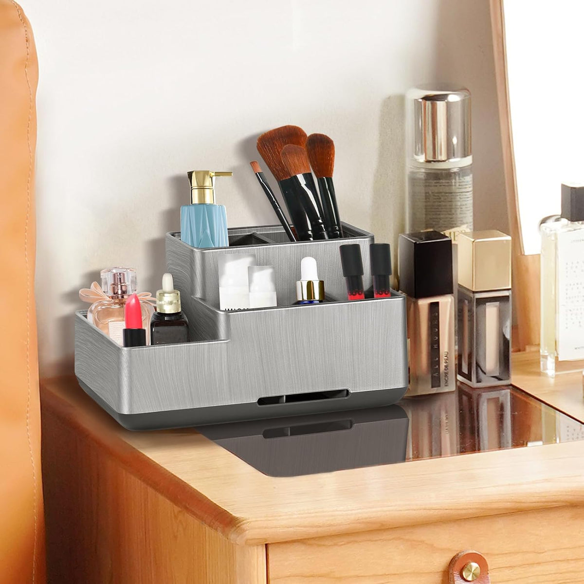 Toothbrush Holder, Bathroom Organizers Countertop, 6 Compartments Multifunctional Washroom Organizer for Toothpaste, Cosmetic, Makeup, Office Stationery Pencils(Silver)