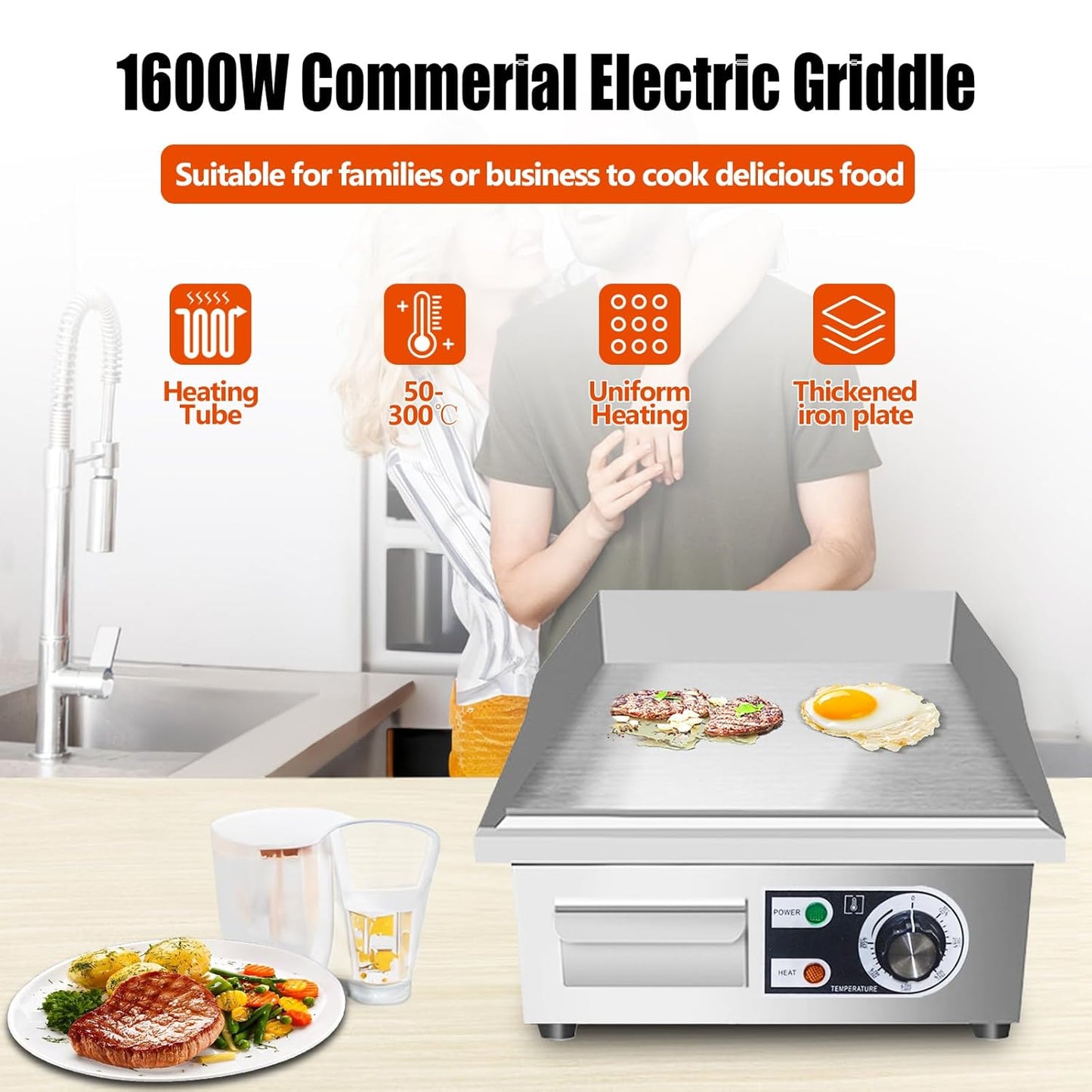 ExGizmo 22" Commercial Electric Griddle,Electric Countertop Flat Top Griddle,110V 1600W Electric Flat Top Grill,Non-Stick Restaurant Teppanyaki Stainless Steel Grill,Adjustable Temperature Control