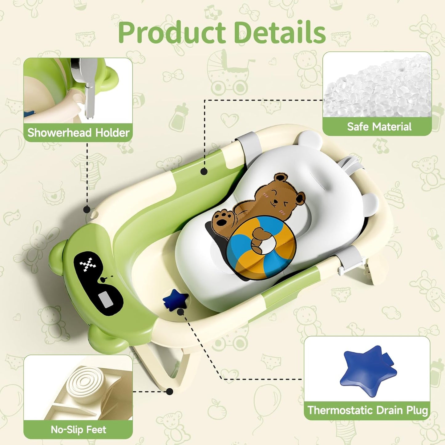 Kerbwry Baby Bathtub for Newborn to Toddler, Baby Bath Tub with Soft Towel and Floating Cushion, Baignoire Pour Bébé, Shower Essentials for Newborn (0-18 Months) Grey