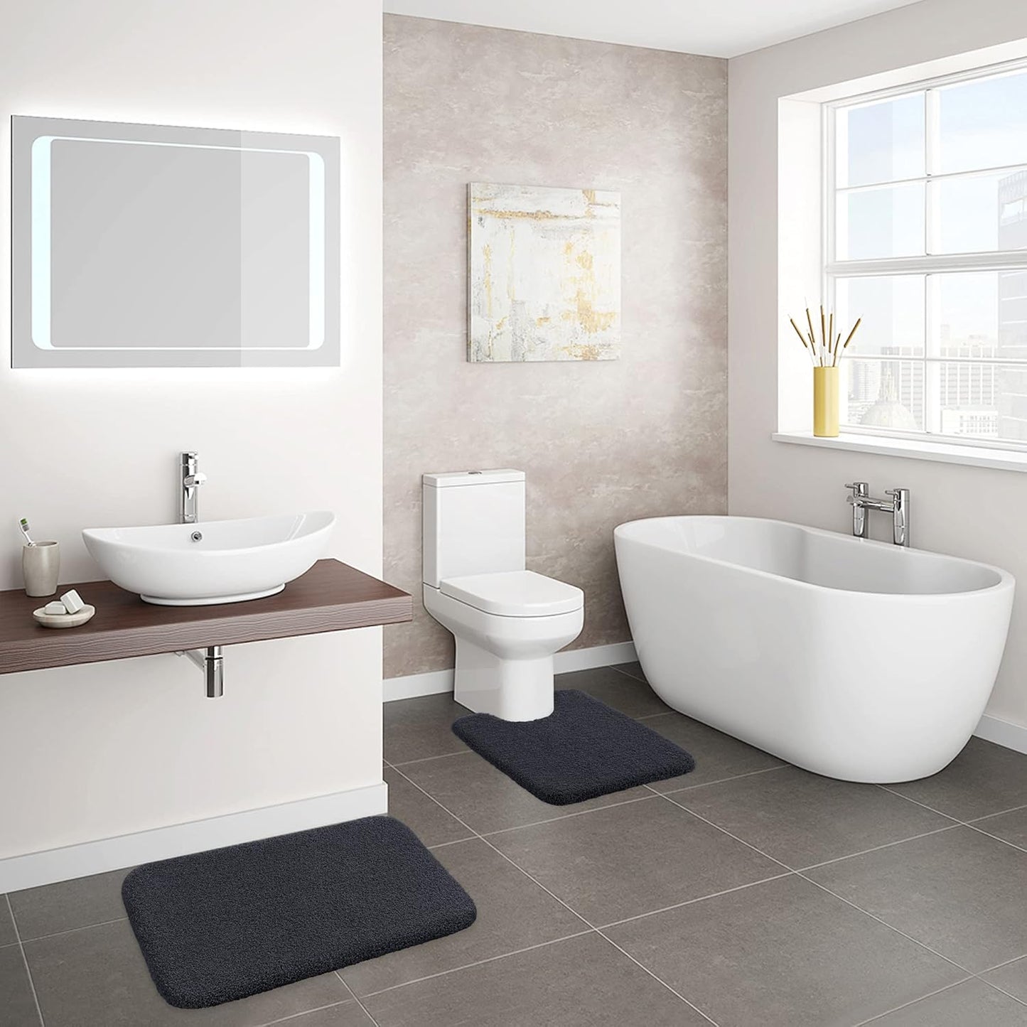 Bathroom Rugs Set 2 Pieces - Bath Rugs Ultra Soft Absorbent Non-Slip Fluffy Thick Microfiber Cozy Bath Mats Set for Tub Shower Bathroom Floors Accessories, 20"x32" & 16"x24" Set of 2 (Beige)