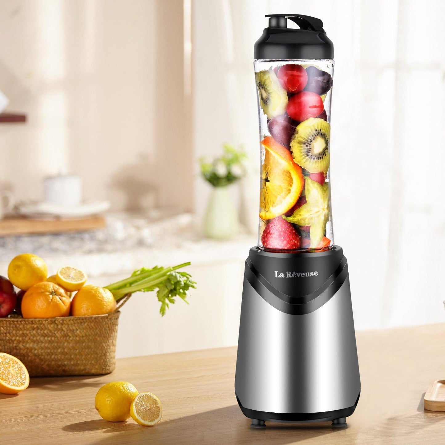 La Reveuse Smoothies Blender Personal Size 300 Watts with 2 Pieces 18 oz BPA Free Portable Travel Sports Bottles (Silver 2 Cups)