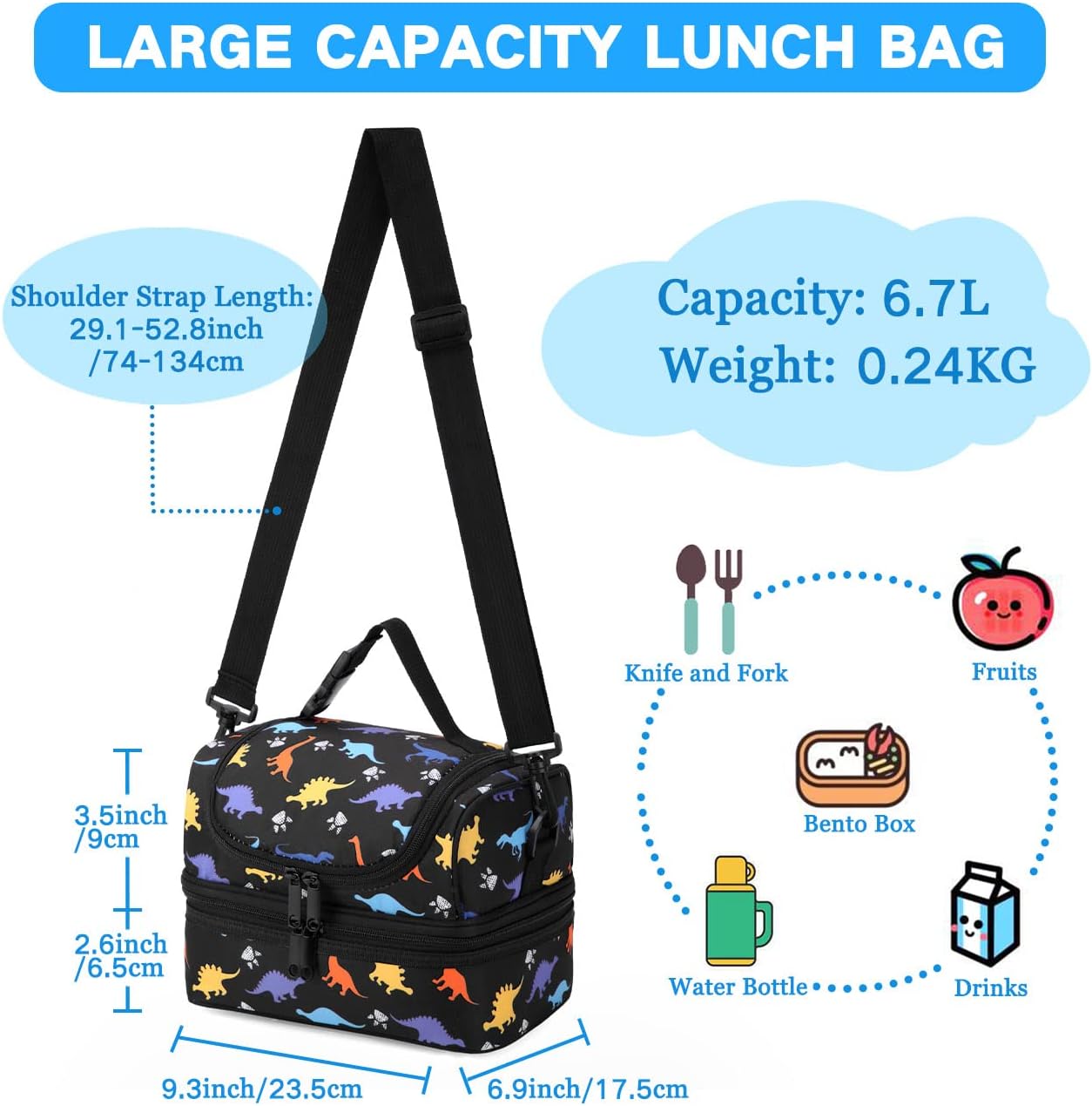 VASCHY Lunch Box Bag Men, Insulated Two Compartments Bento Cooler Bags for Adults/Women/Kids for School,Daycare,Kindergarten,Picnic Black