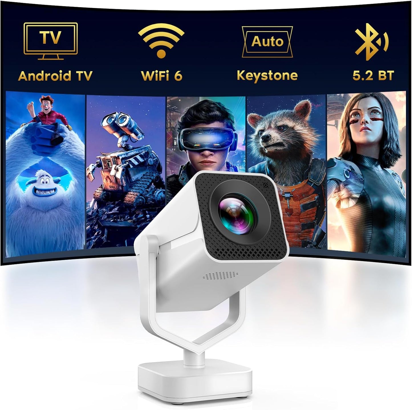 【Short Throw/Built-in Apps】 1080P Smart Mini Projector with WiFi 6 and Bluetooth, Auto Keystone Outdoor Movie Projector, 270°Adjustable Home Portable Projector for Phone/TV Stick/Laptop/HDMI