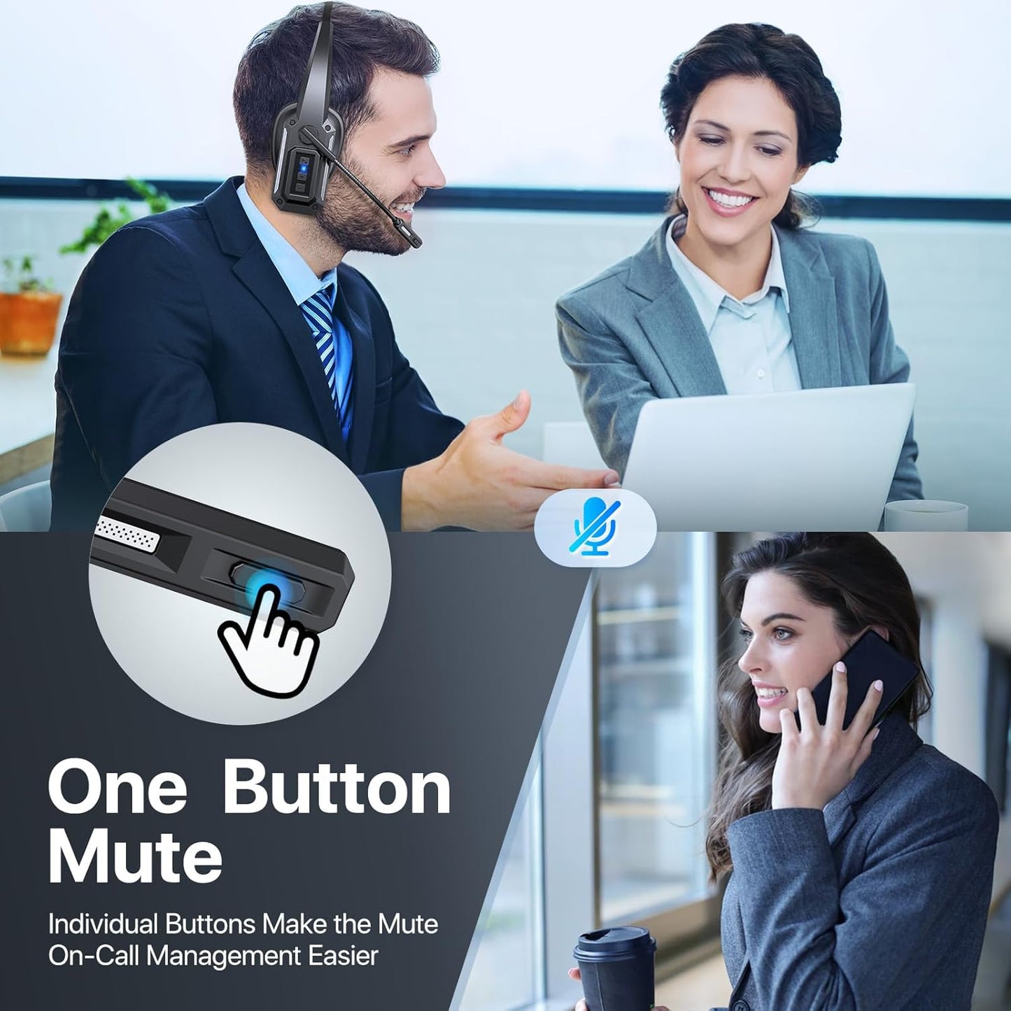 Bluetooth Headset, Trucker Bluetooth Headset with Noise Cancelling Microphone & Mute Button, 60Hrs Working Time, Wireless On Ear Headphones with Mic for Work/Cellphone/Laptop/Office - Black