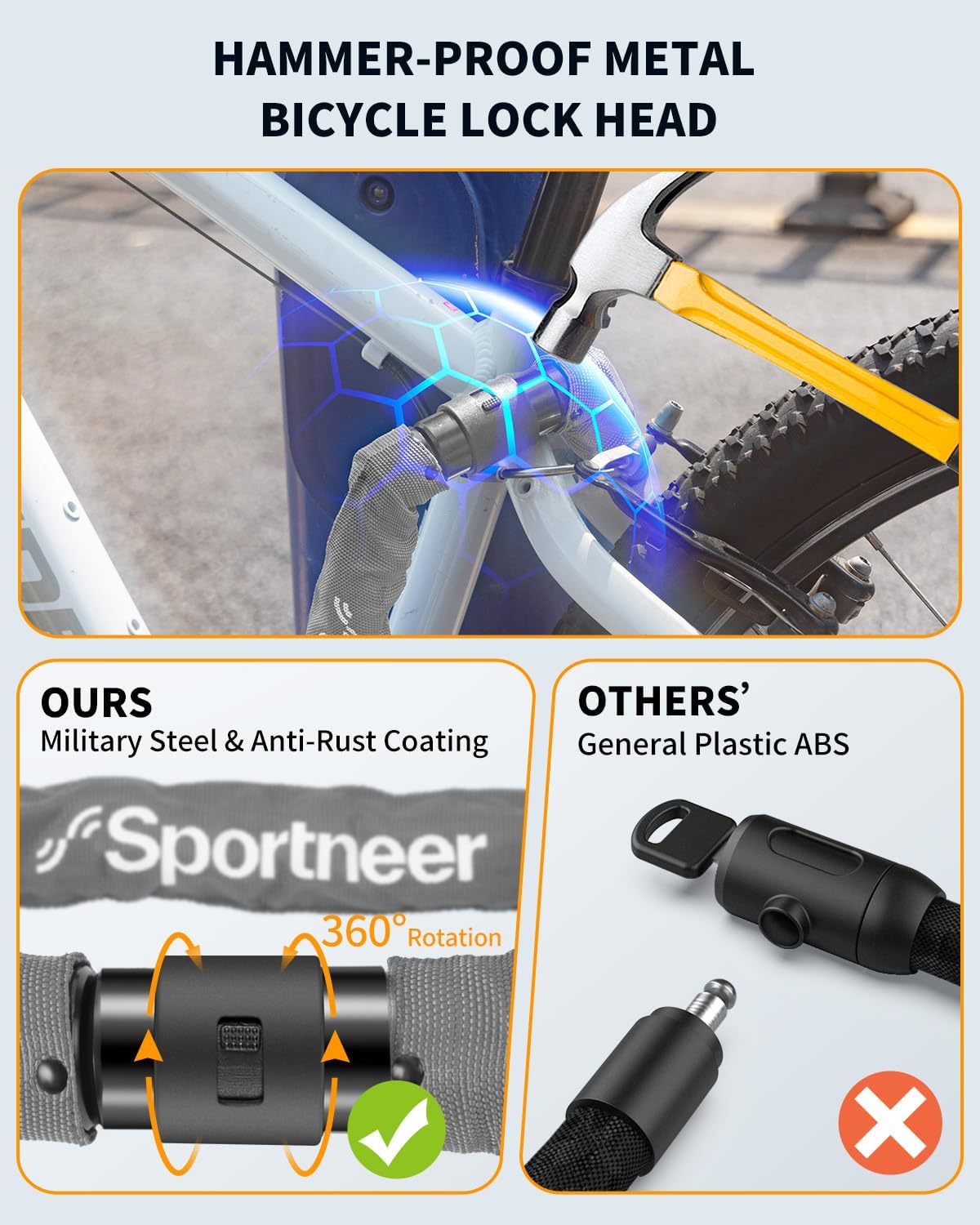Sportneer Bike Lock Anti-Theft Bicycle Chain Lock Heavy Duty 0.32inch/8mm Thicker Motocycle Lock High Security with 2 Keys for Bike, Scooter, Moto, Door, Gate Fence