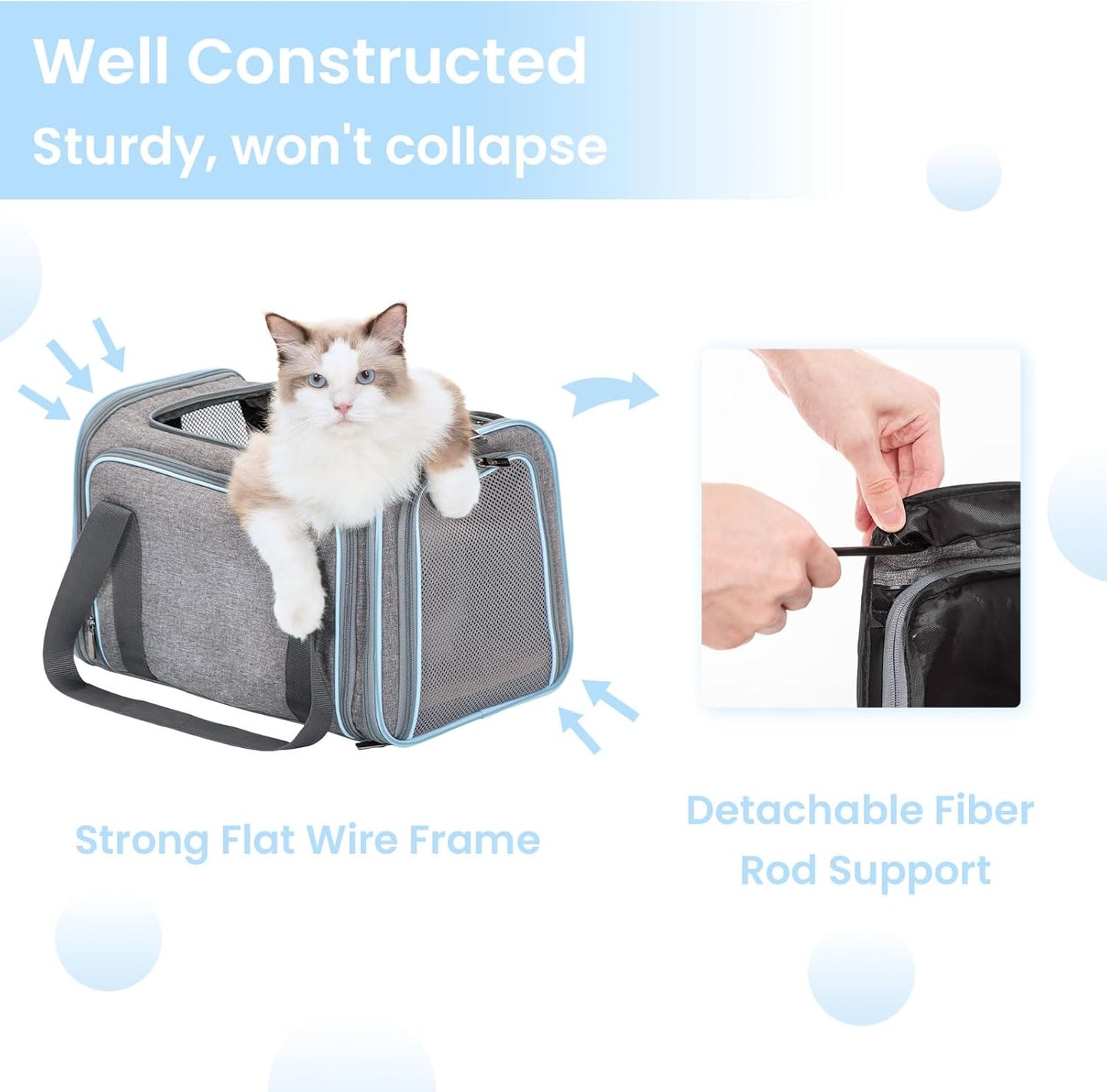 Petsfit Expandable Cat Dog Carrier Airline Approved, 17" L x 11" W x 11" H Soft-Sided Portable Pet Travel Carrier for Kitten, Puppy, Removable Soft Plush Mat and Pockets, Auto-Locking Zippers