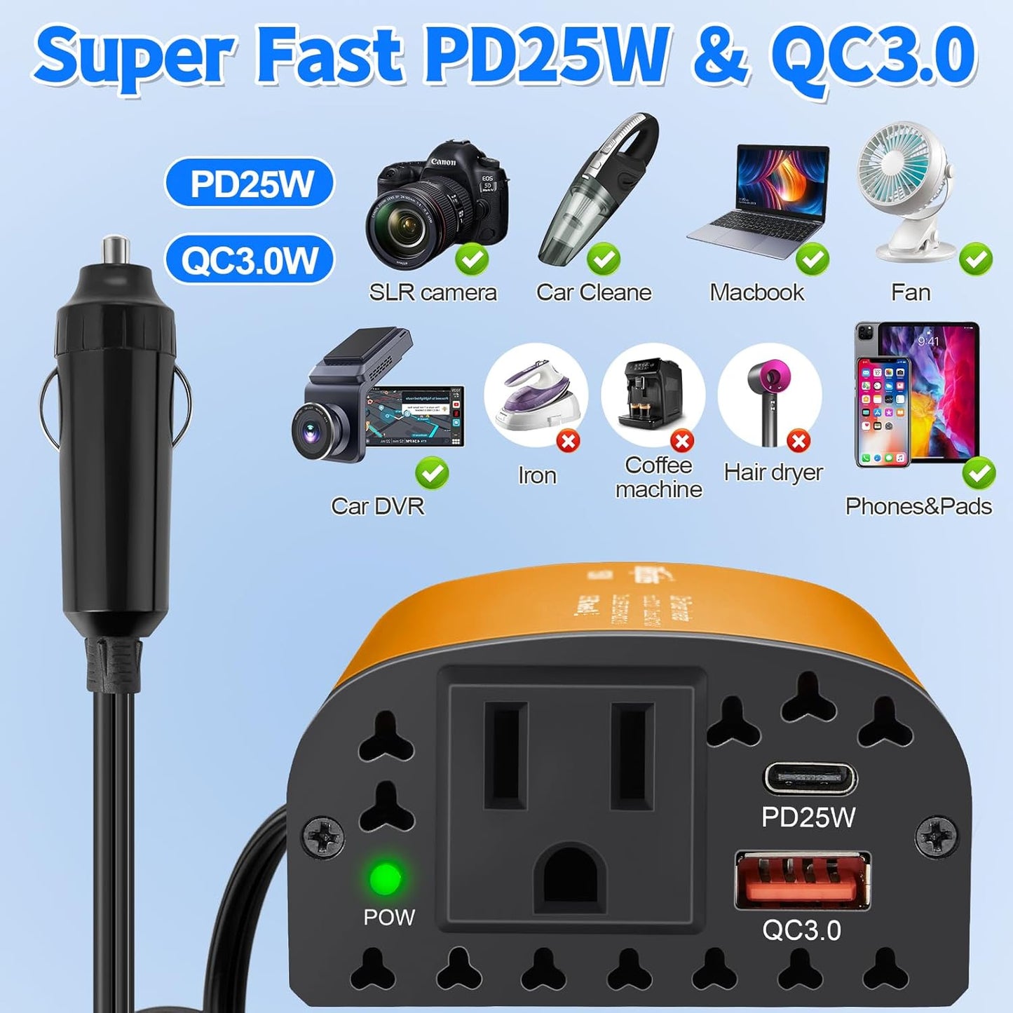 200W Car Power Inverter DC 12V to 110V AC Car Outlet Adapter Converter with PD 25W &QC3.0 USB Ports Laptop Car Charger