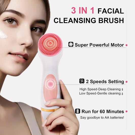 Facial Cleansing Brush, 3 in 1 Electric Face Scrubber with 3 Brush Heads for Women/Men, Waterproof Rechargeable Face Cleansing Brush for Dry Oily Sensitive Skin (Pink) - PuriLite