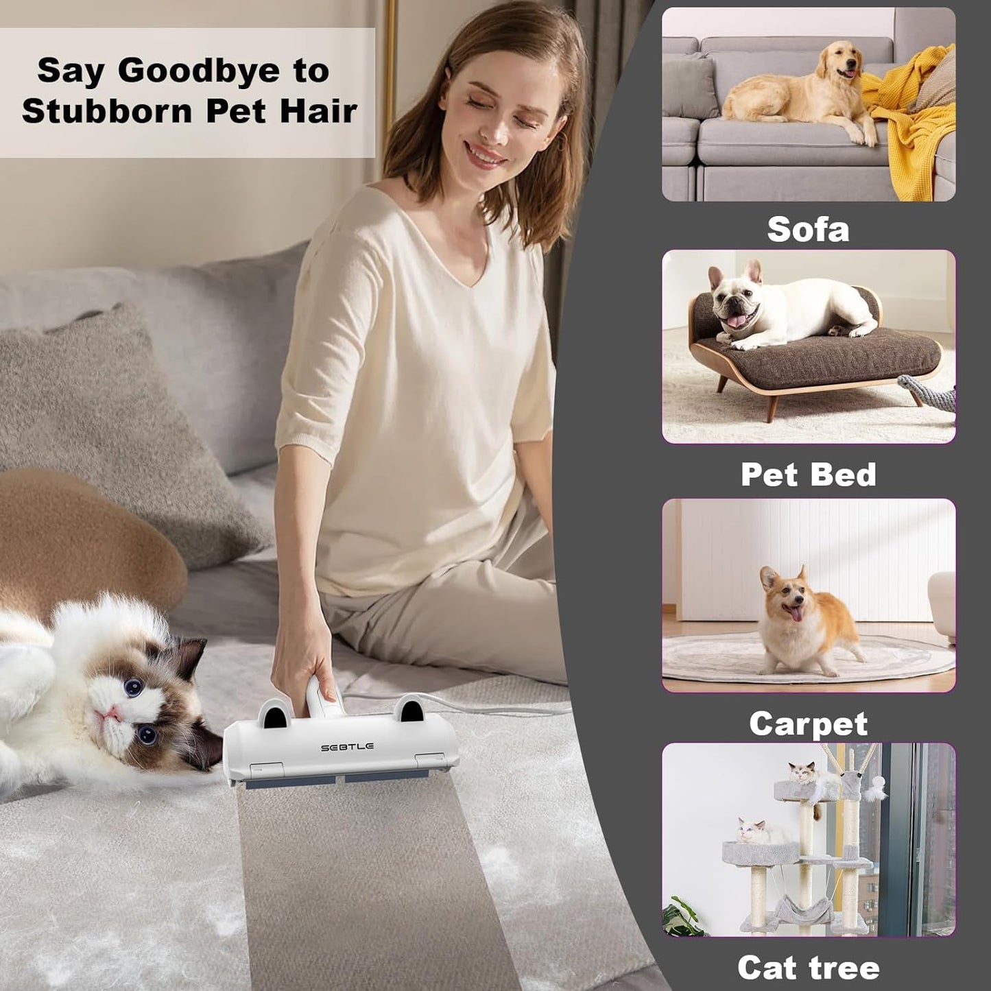 Sebtle Pet Hair Remover Roller,Reusable Animal Hair Removal Brush for Dogs and Cats,Lint Remover Easy to Clean Pet Fur from Carpet,Sofa,Bedding,Furniture and Rugs-Grey
