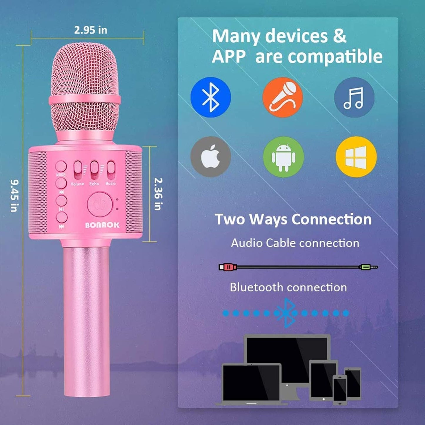BONAOK Wireless Bluetooth Karaoke Microphone,3-in-1 Portable Instrument Wireless Microphone Mic Speaker Machine Home Party Birthday for All Smartphones(Black)