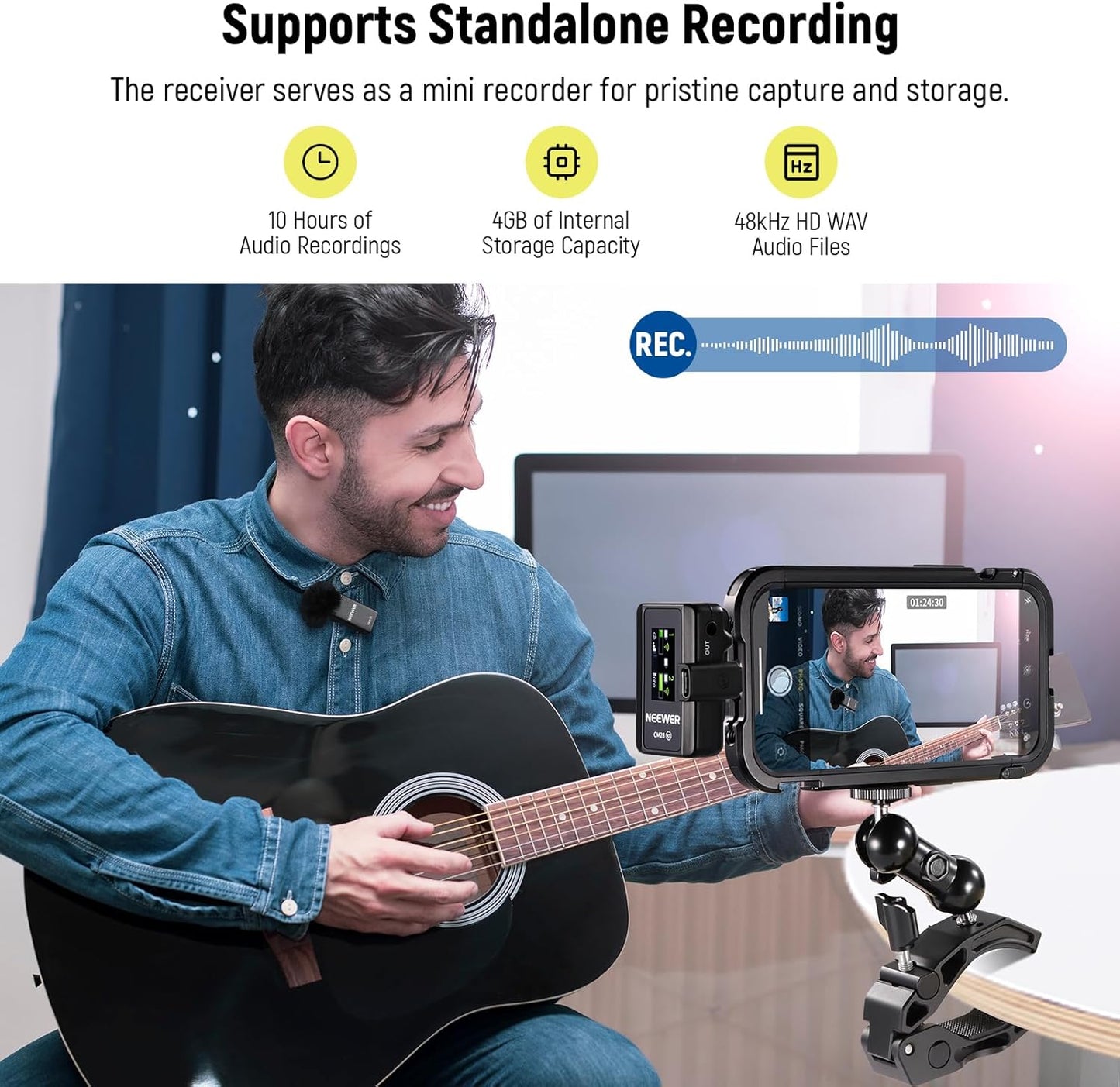 NEEWER CM28 Wireless Lavalier Microphone System with Charging Case, 1 Click Noise Canceling, 4GB Storage for 9Hrs of 48KHz 16 Bit Uncompressed Audio Lapel Mic Compatible with iPhone/Android/PC/Camera