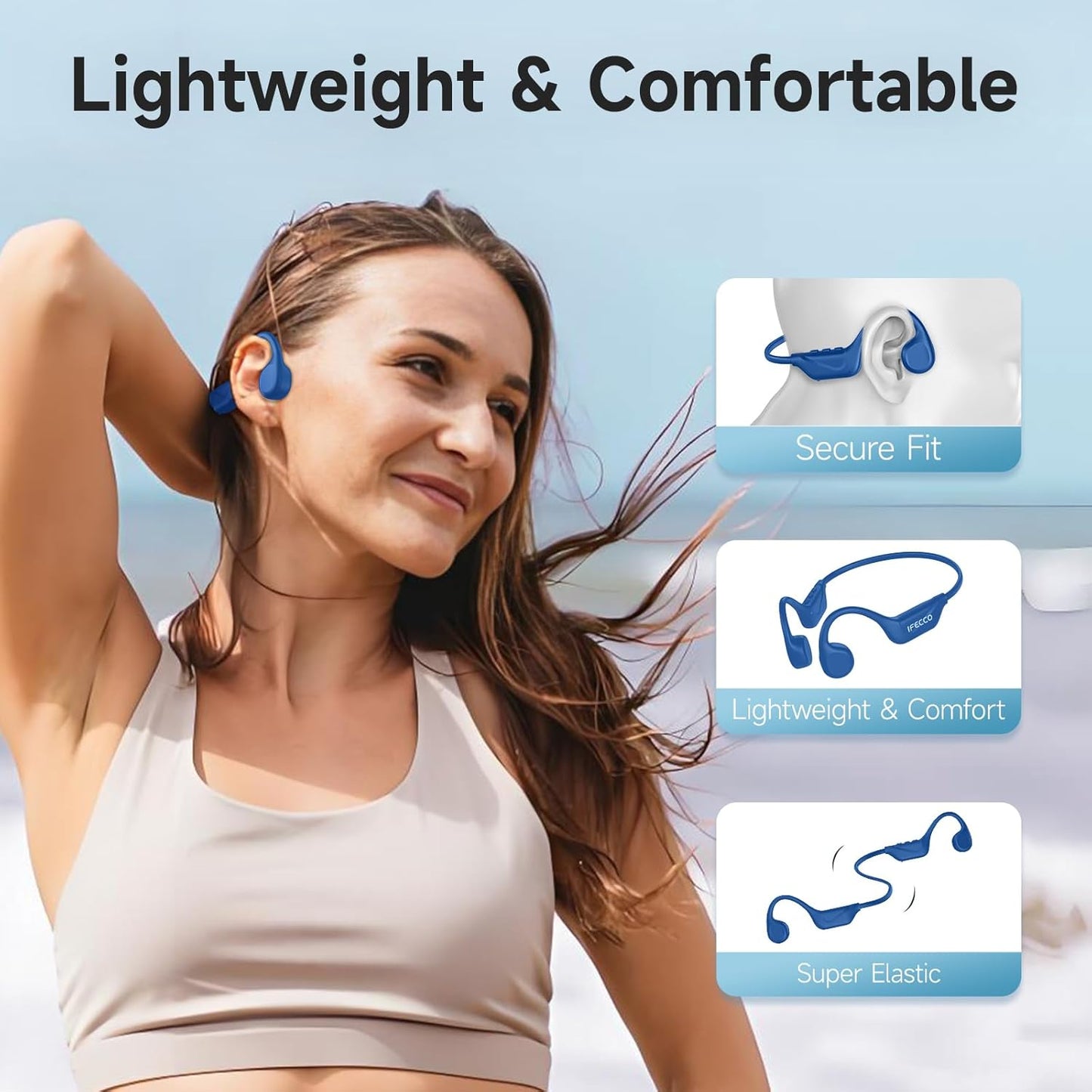 IFECCO Bone Conduction Headphones Bluetooth 5.4 - IPX5 Waterproof Bone Conduction Earbuds,Open Ear Wireless Sport Headphones for Running Workout Cycling (Blue)