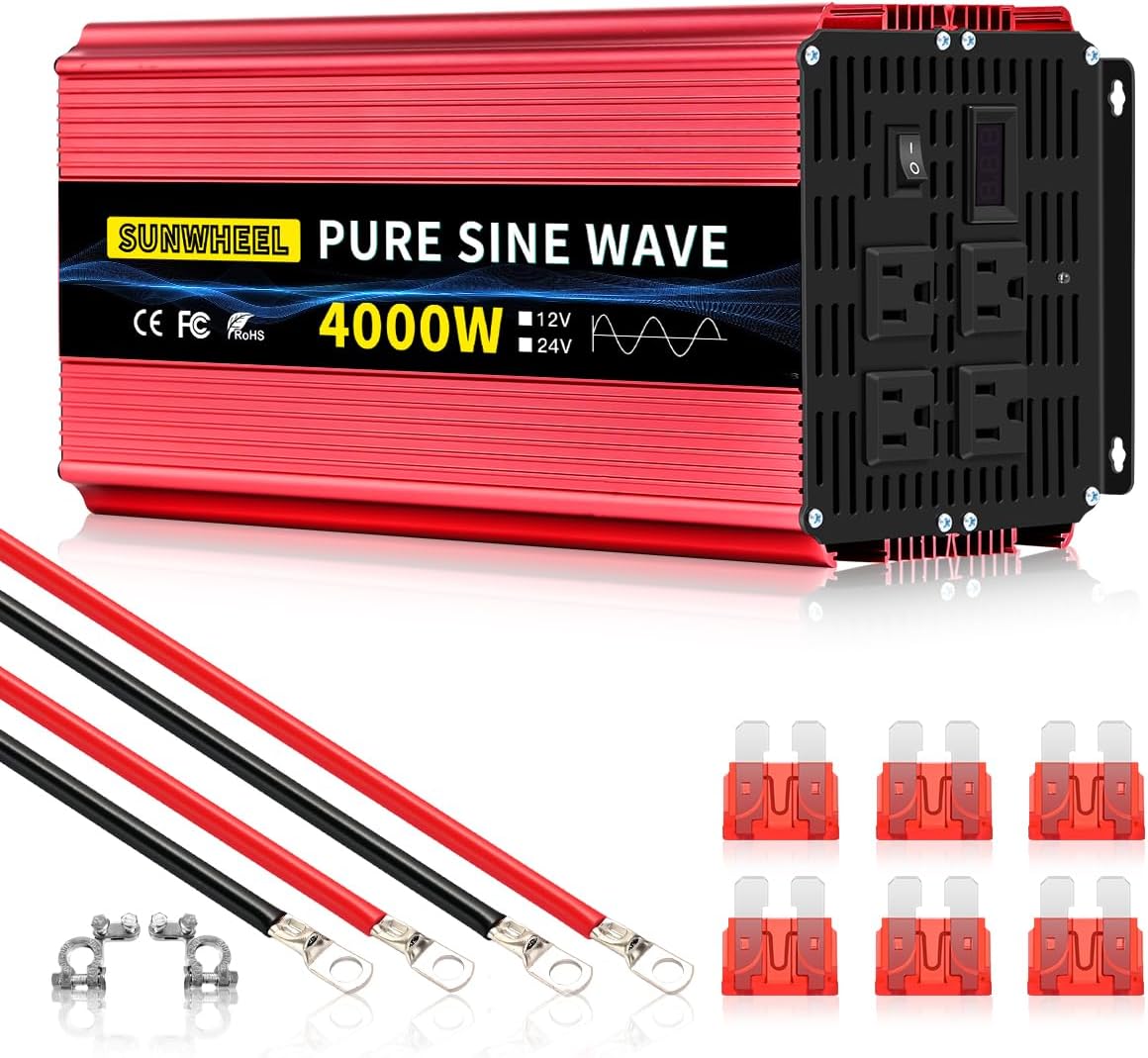 SUNWHEEL 4000W Pure Sine Wave Inverter, 12V DC to 110V/120V AC Power Inverter for RV、Microwave、Off Grid、Truck、Refrigerator、Air Conditioner with 4 AC outlets and LCD Display