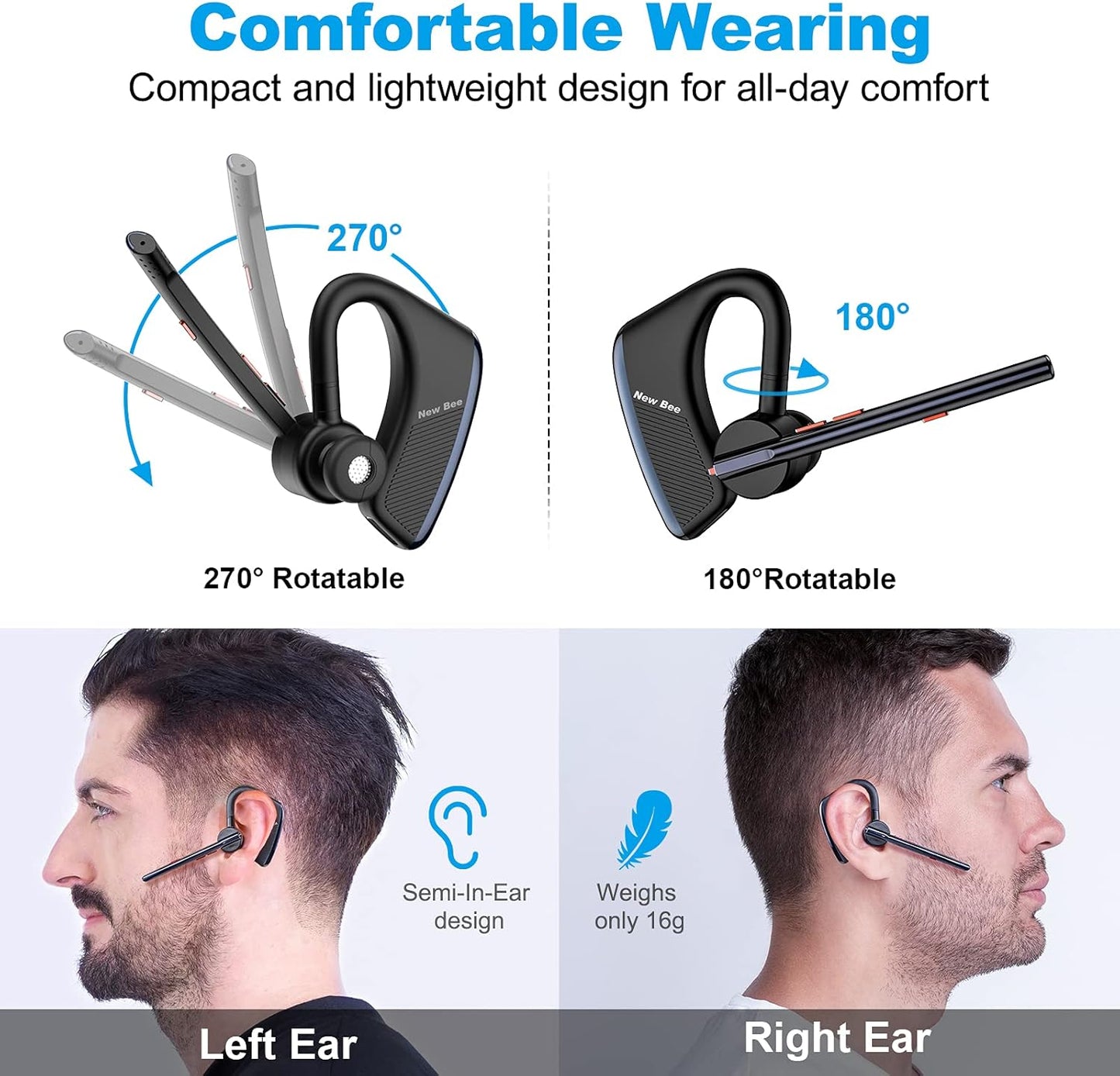 Bluetooth Headset V5.2 New Bee Bluetooth Earpiece CVC8.0 Dual Mic Noise Cancelling Wireless Handsfree 24Hrs Talktime Driving Headset with Mic Mute for iPhone Android Smartphone Business Office