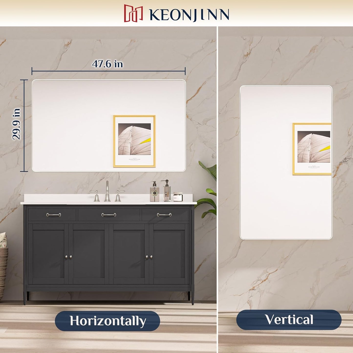 Keonjinn 42 x 36 Brushed Nickel Bathroom Vanity Mirror, Large Rounded Rectangle Bathroom Mirrors for over Sink, Metal Framed Silver Mirror for Wall, Shatterproof HD Tempered Glass(Horizontal/Vertical)