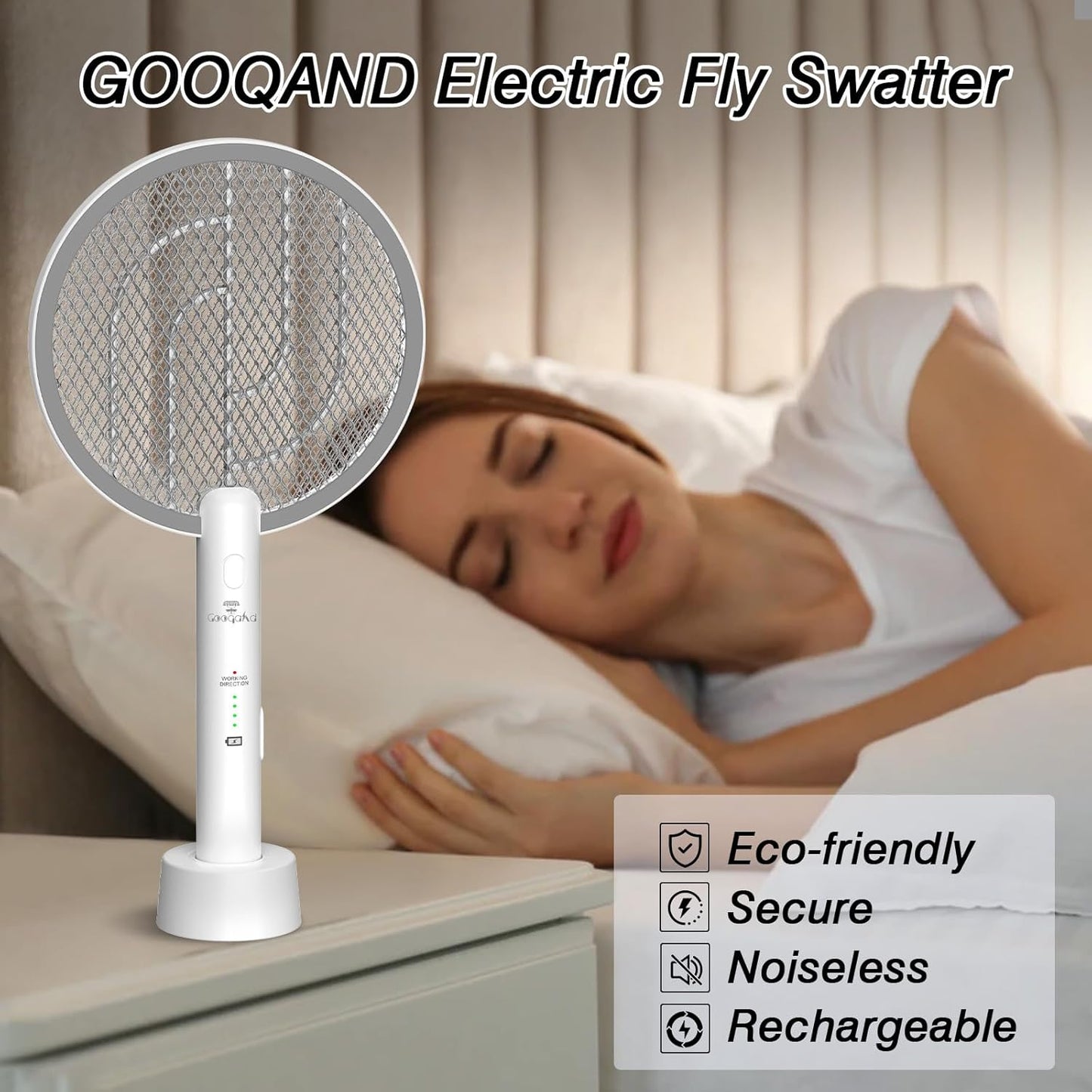 Gooqand Bug Zapper Racket, 2 in 1 Electric Fly Swatte with 3 Layer Safety Mesh, 4000V Fly Zapper with USB Rechargeable, Indoor Outdoor Fly Racket for Bedroom, Kitchen, Camping