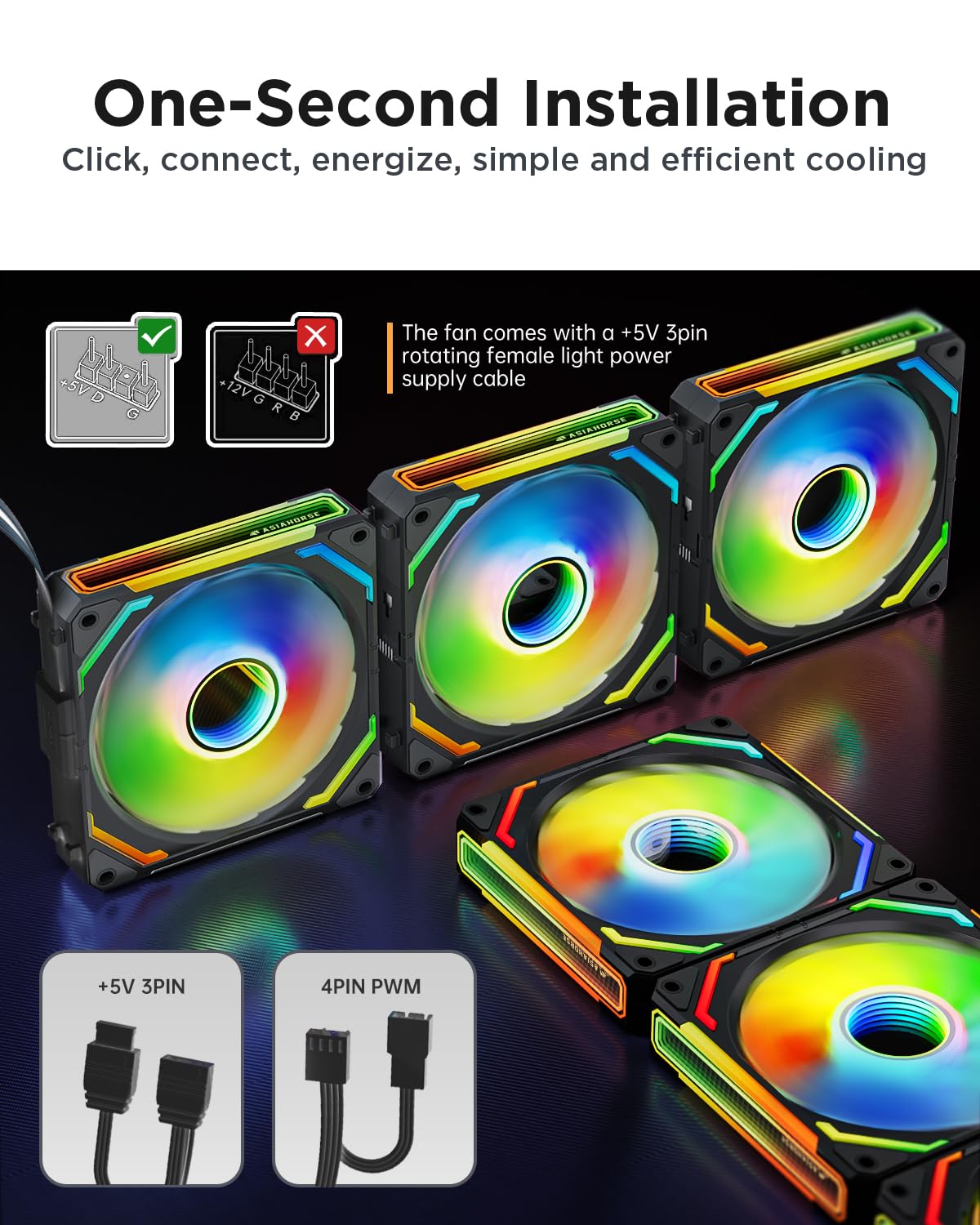 AsiaHorse COSMIQ-RE-Black 120mm UNI Fan, Infinity Mirror FDB Reverse Fan with 5V 3-PIN Connector and Small Controller, Daisy Chain PWM PC RGB Fans for Cases CPU Liquid Coolers, 3Pack
