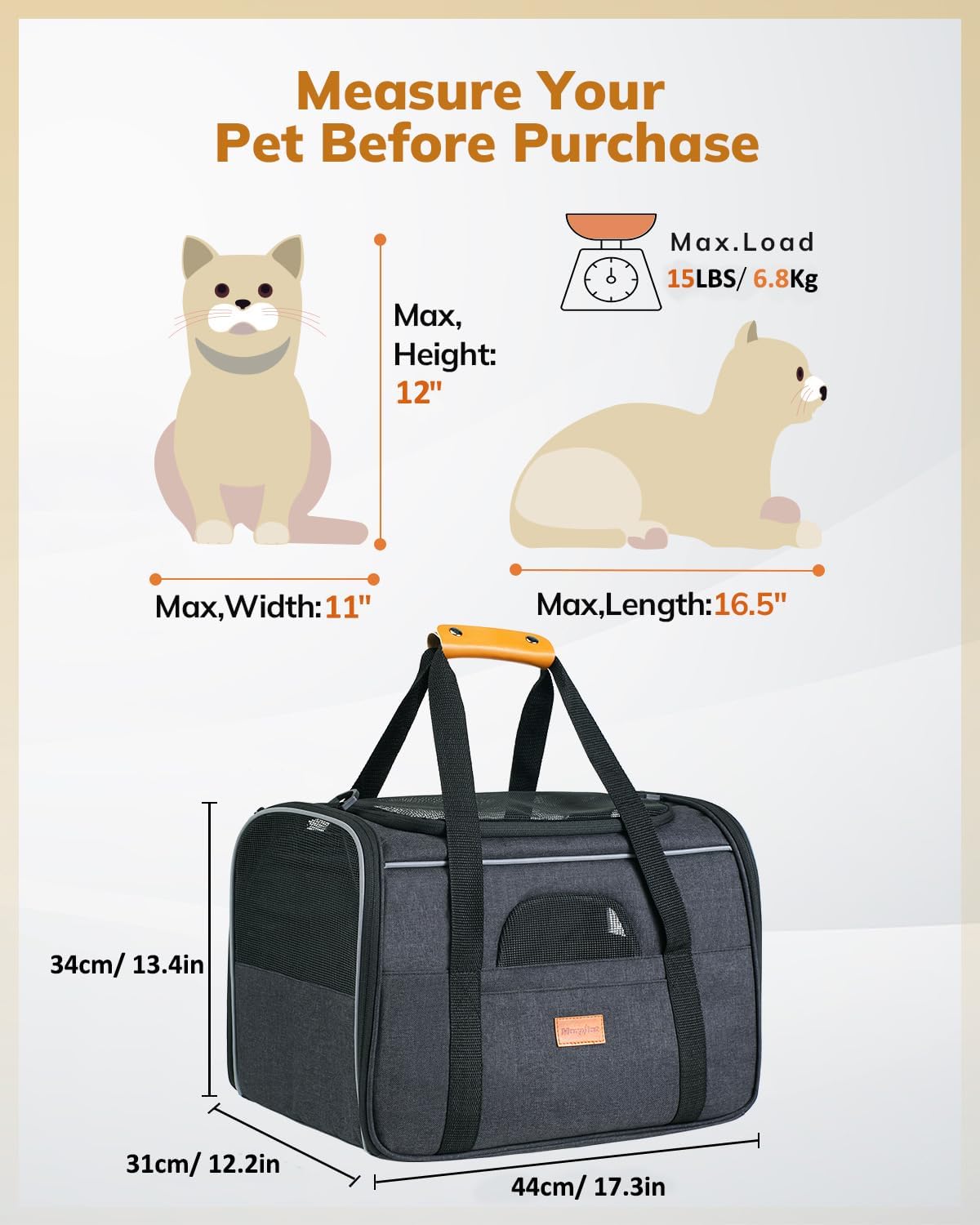 Morpilot Cat Carrier Soft - Portable Pet Carrier for Small or Medium Cats, Dogs and Puppy up to 14lbs, Airline Approved Dog Carrier with Safety Buckle - (Dark Gray)
